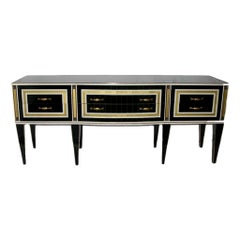 Vintage 1950s Italian Art Deco Style Black Glass Sideboard with White and Bronze Insets