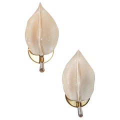 Pair of Handblown Murano Honeycomb Leaf Sconces with Brass Detailing