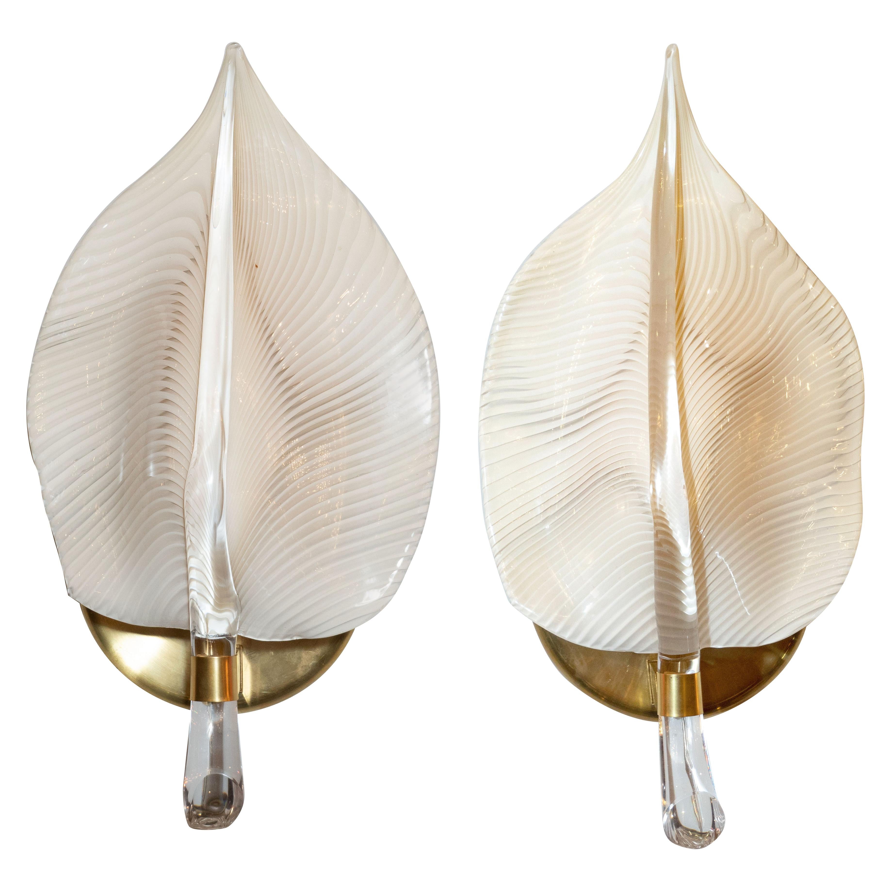 Pair of Mid-Century Modern Handblown Murano Glass Honeycomb Leaf Sconces