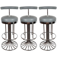 Set of Three Mid-Century Modern Chrome and Dove Gray Swivel Bar Stools