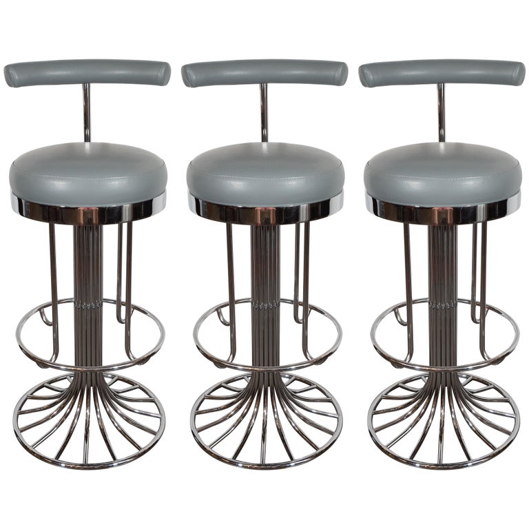 Set of Three MidCentury Modern Chrome and Dove Gray Swivel Bar Stools