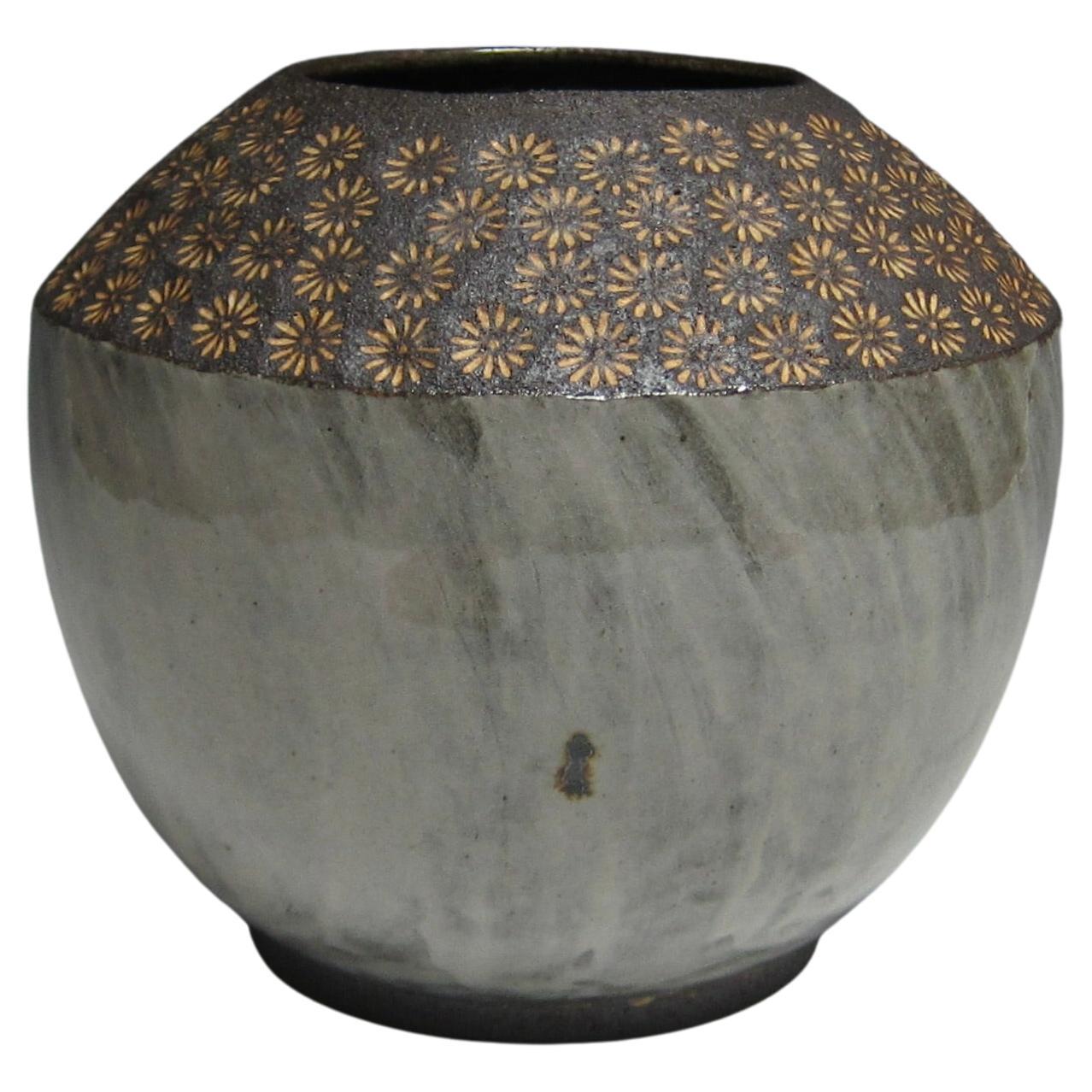 Wheel Thrown Flower Stamped Buncheong Vase by Jason Fox For Sale