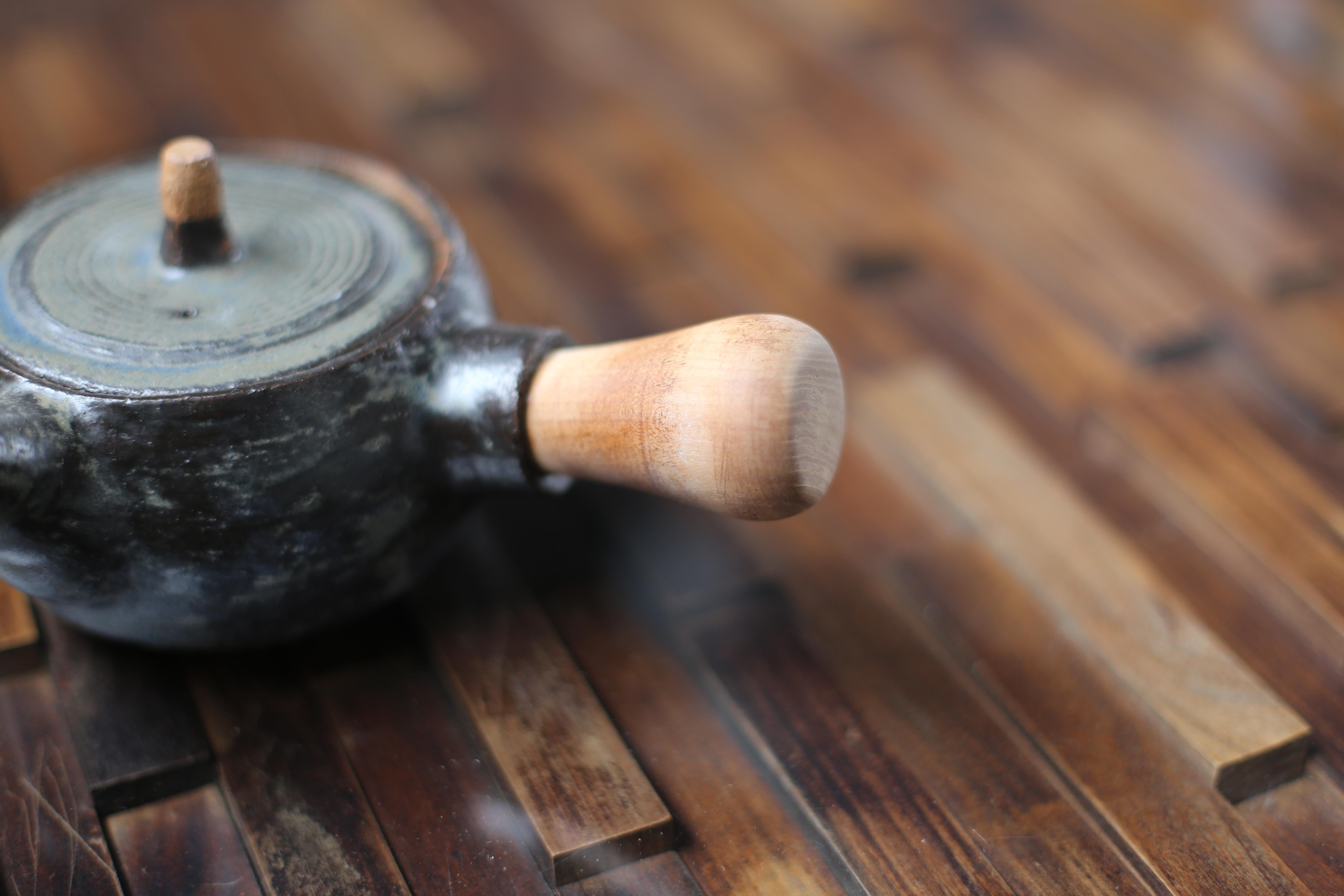 Contemporary Wheel Thrown Tea Pot with Wooden Handle