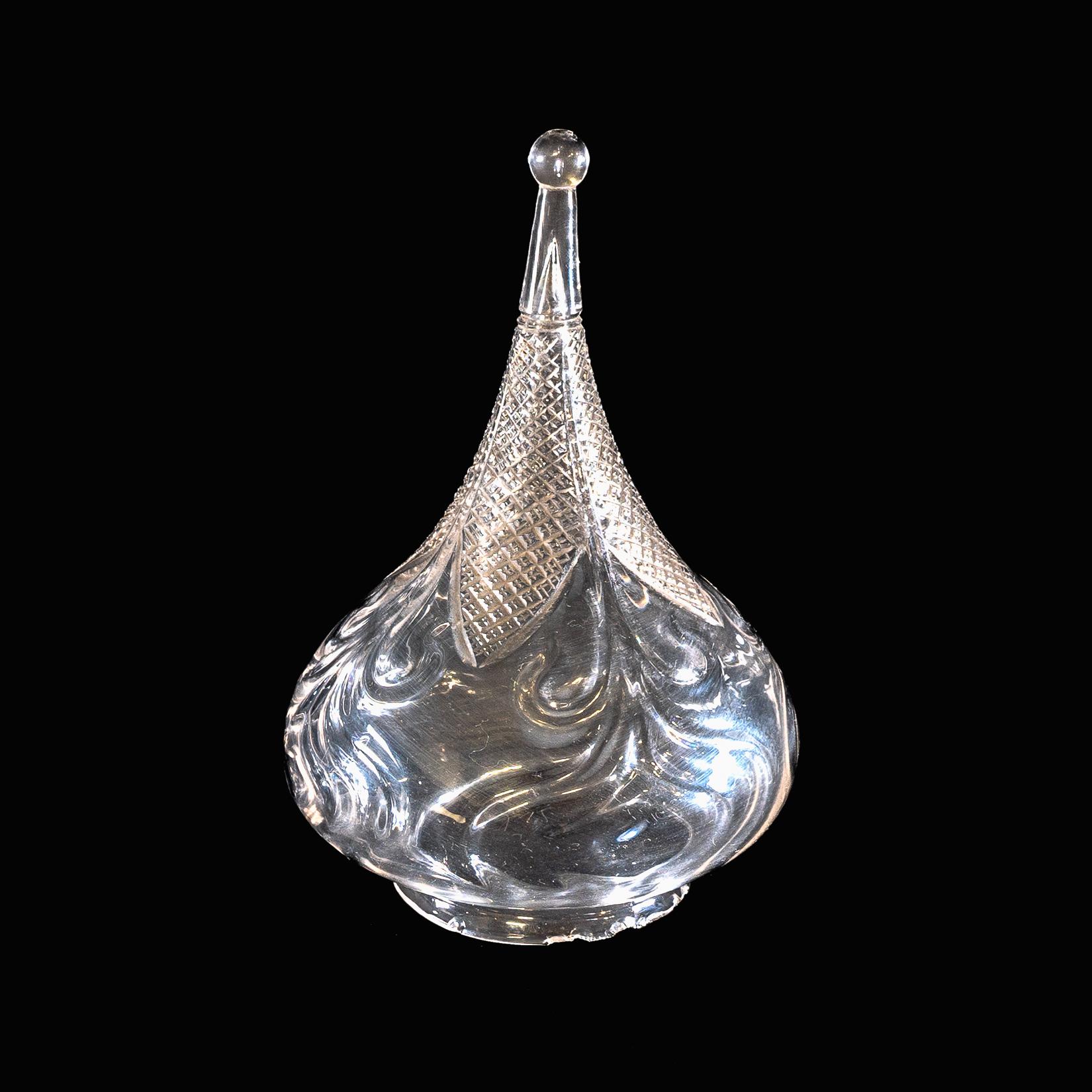 Arts and Crafts Wheel-Turned Clear Glass Shade with Peacock Feather Design & Textured Top For Sale