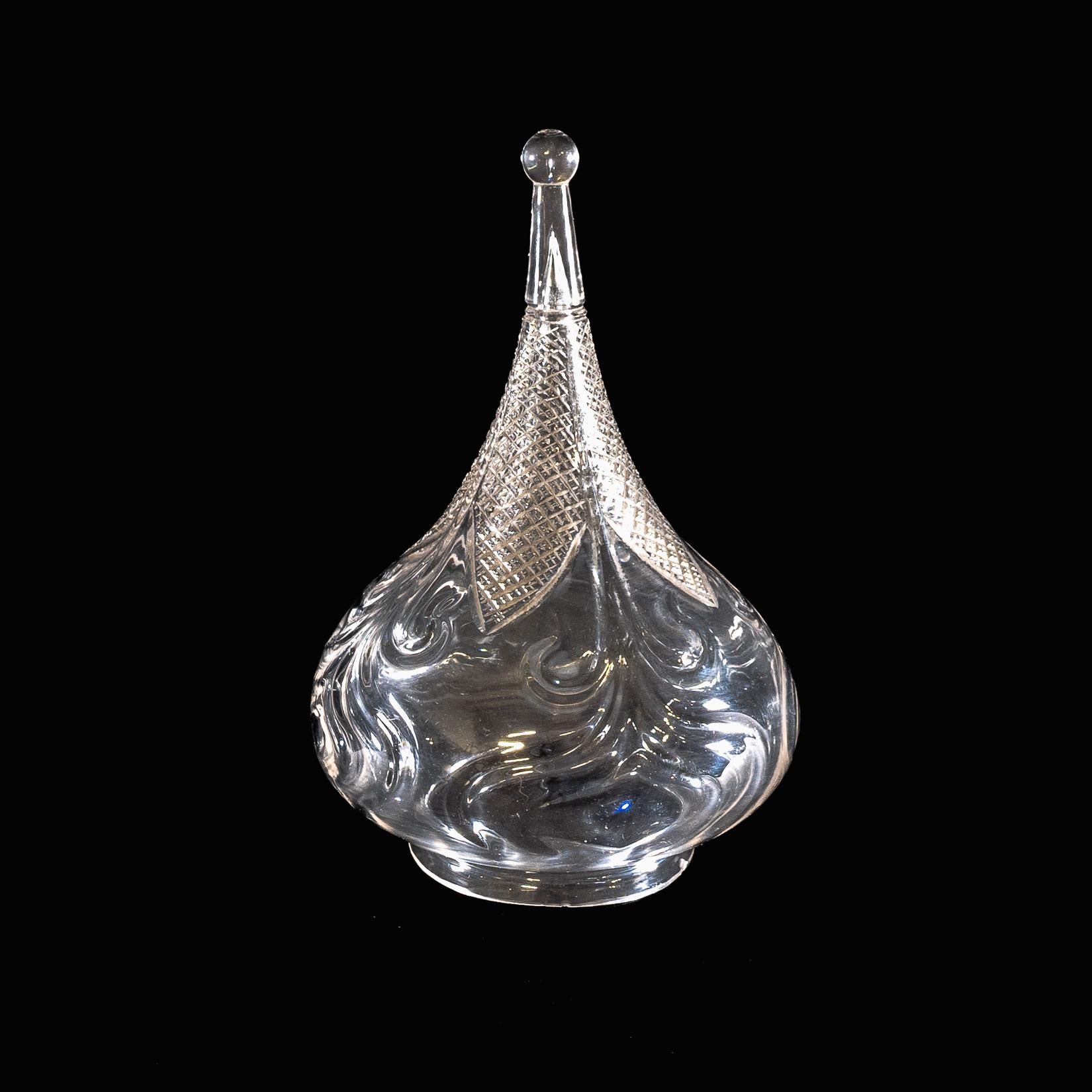 British Wheel-Turned Clear Glass Shade with Peacock Feather Design & Textured Top For Sale