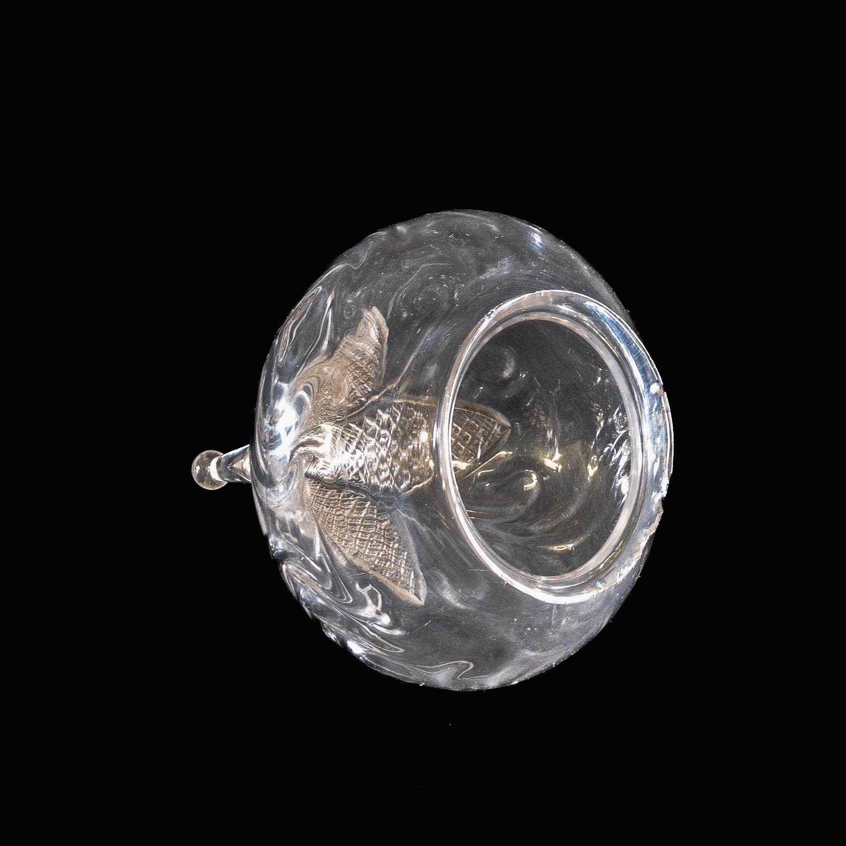 Hand-Crafted Wheel-Turned Clear Glass Shade with Peacock Feather Design & Textured Top For Sale