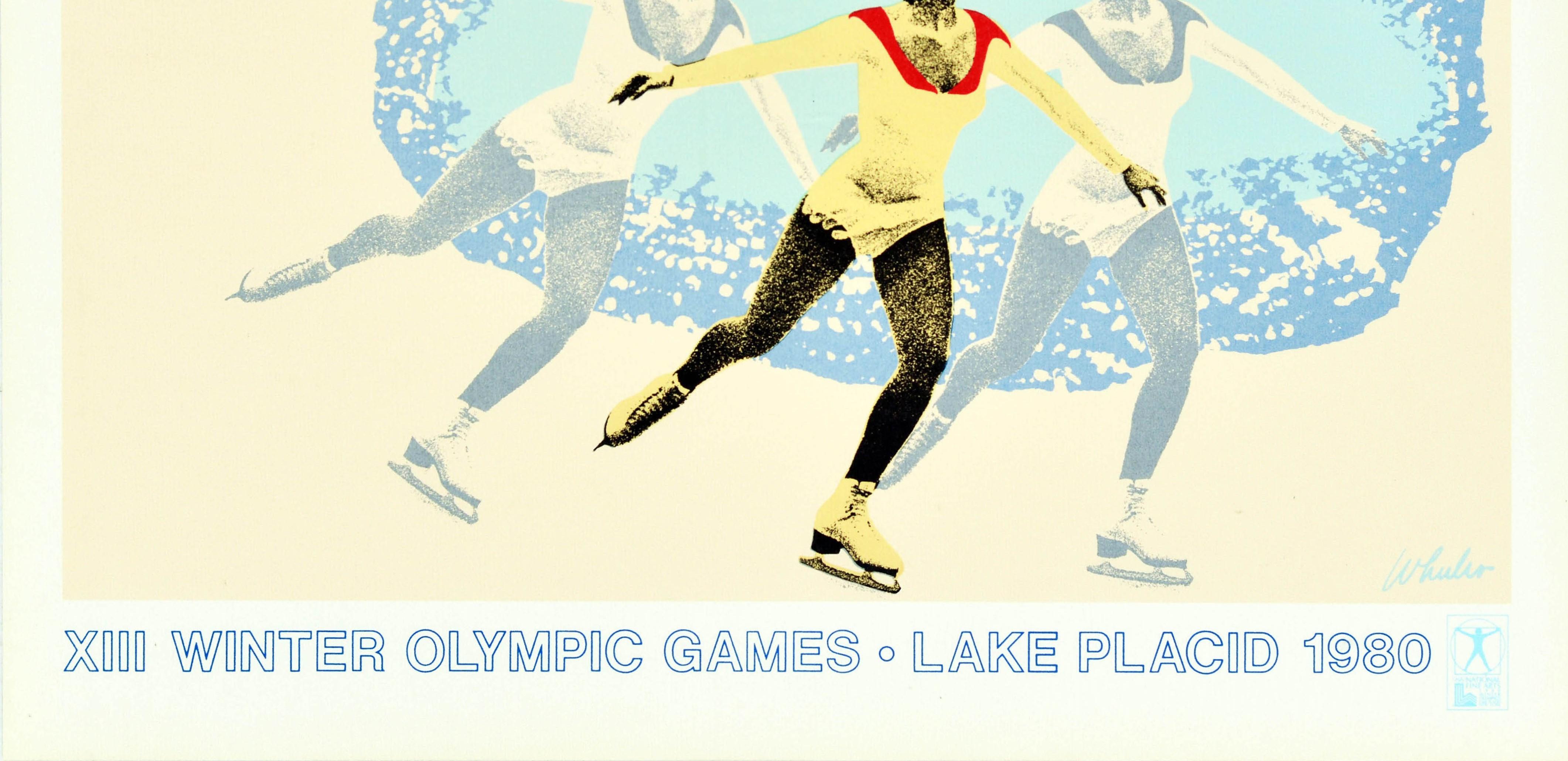Affiche rétro originale des Jeux olympiques d'hiver de Lake Placid à New York, patineur sur glace - Beige Print par Wheeler