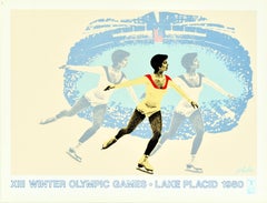 Affiche rétro originale des Jeux olympiques d'hiver de Lake Placid à New York, patineur sur glace