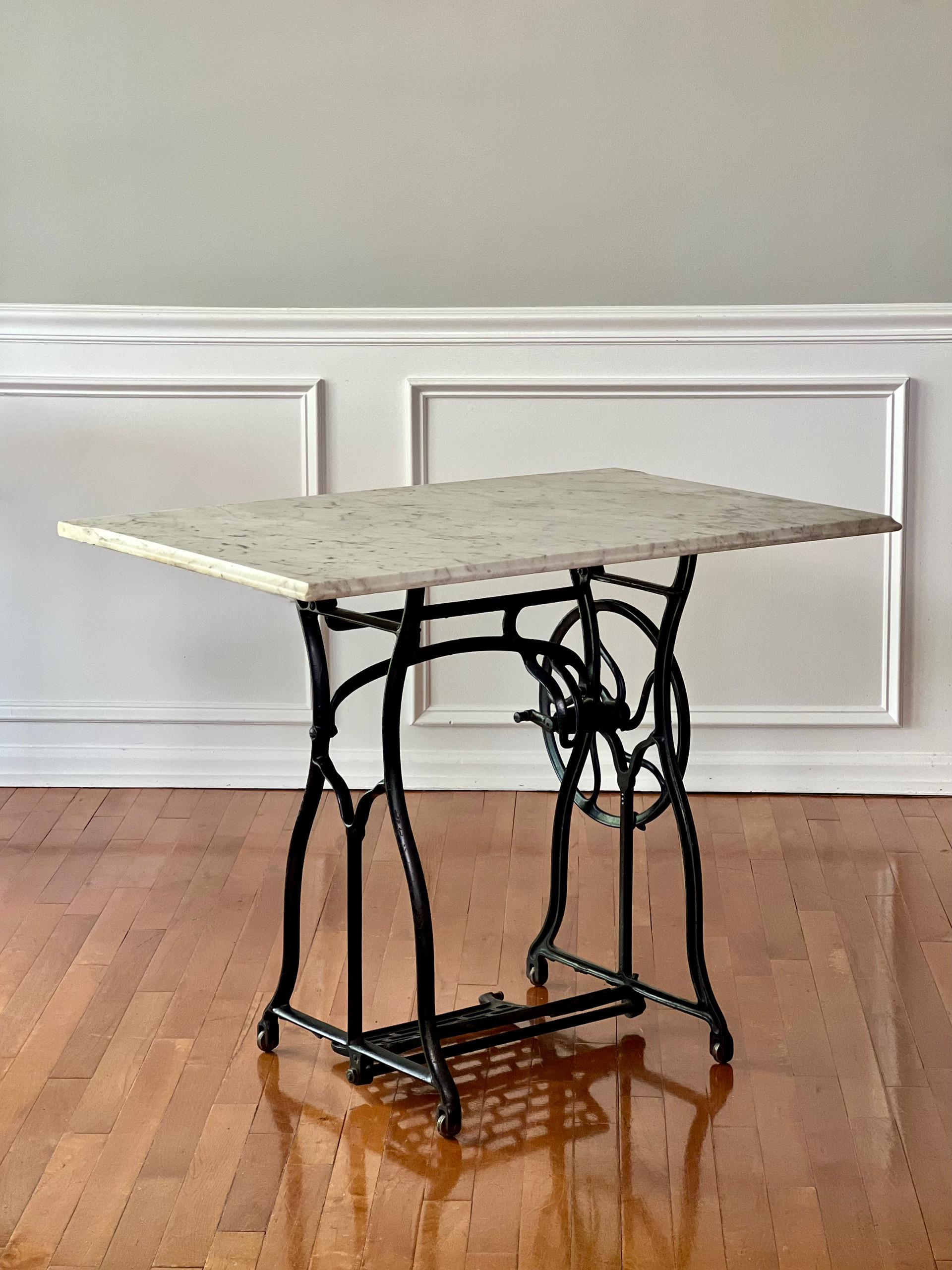 Industrial Wheeler & Wilson Iron Base Sewing Machine Worktable with Marble Top For Sale