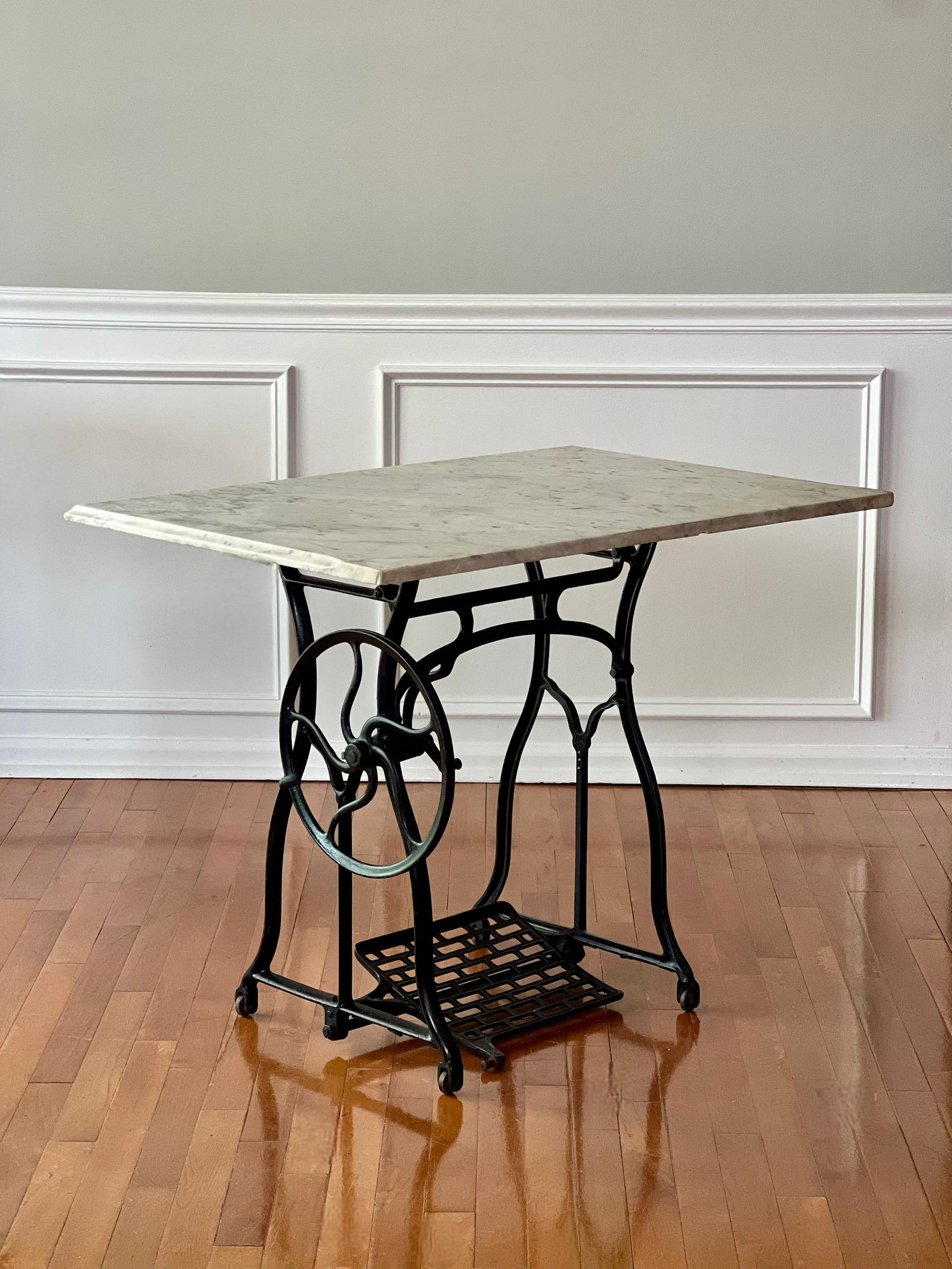 Cast Wheeler & Wilson Iron Base Sewing Machine Worktable with Marble Top For Sale