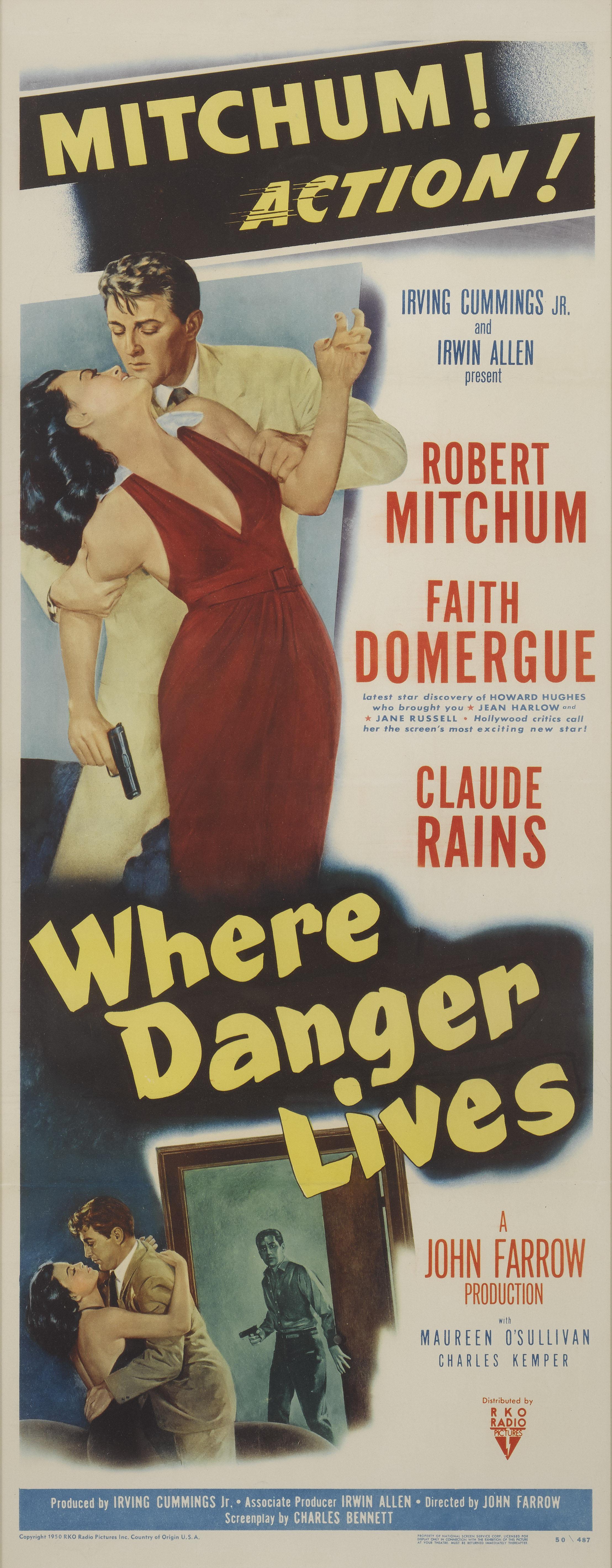 Original US Title card for the 1950 film Where Danger Lives.
Original US film poster for the 1950 film Where Danger Lives.
This film noir was directed by John Farrow, and stars Robert Mitchum, Claude Rains and Faith Domergue. After a failed