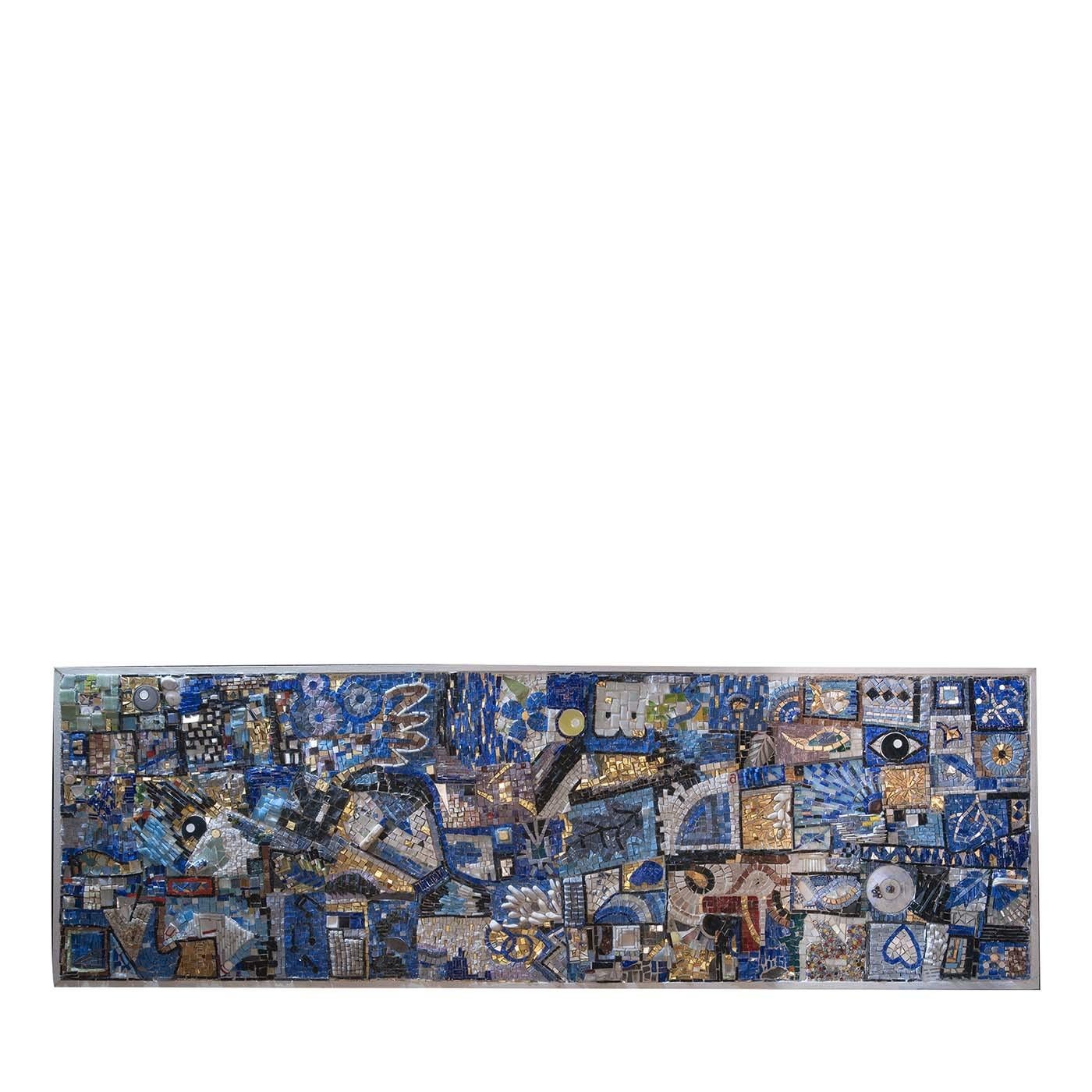 Poetically rendering the magnificence of the human mind with all its colorful dreams and multiform passions, this superb decorative panel is a mosaic crafted using the direct method of applying tiles on a panel. In this case, the rectangular base is