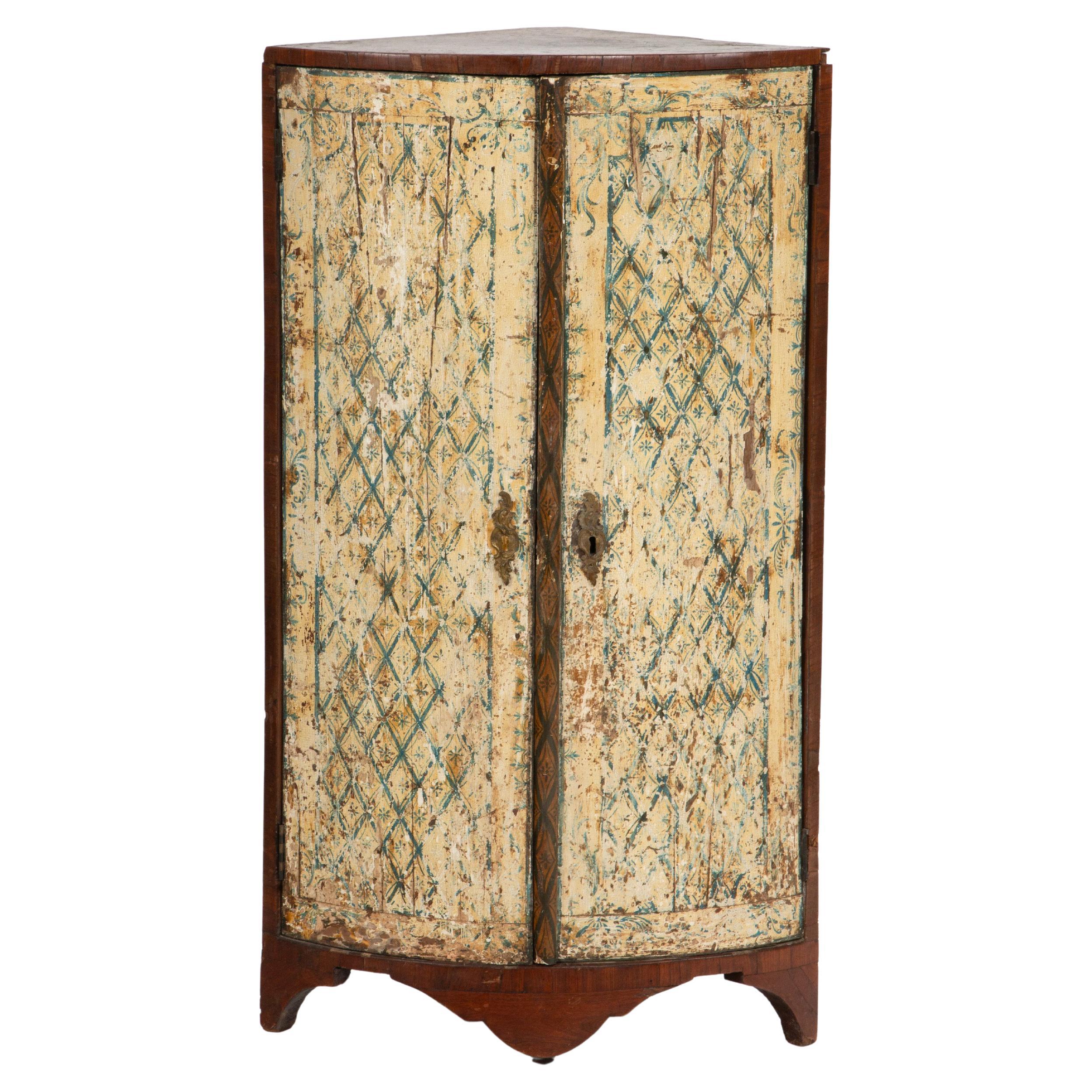 Where Walls Meet: 19th C Corner Cabinet w/ Painted Doors en vente