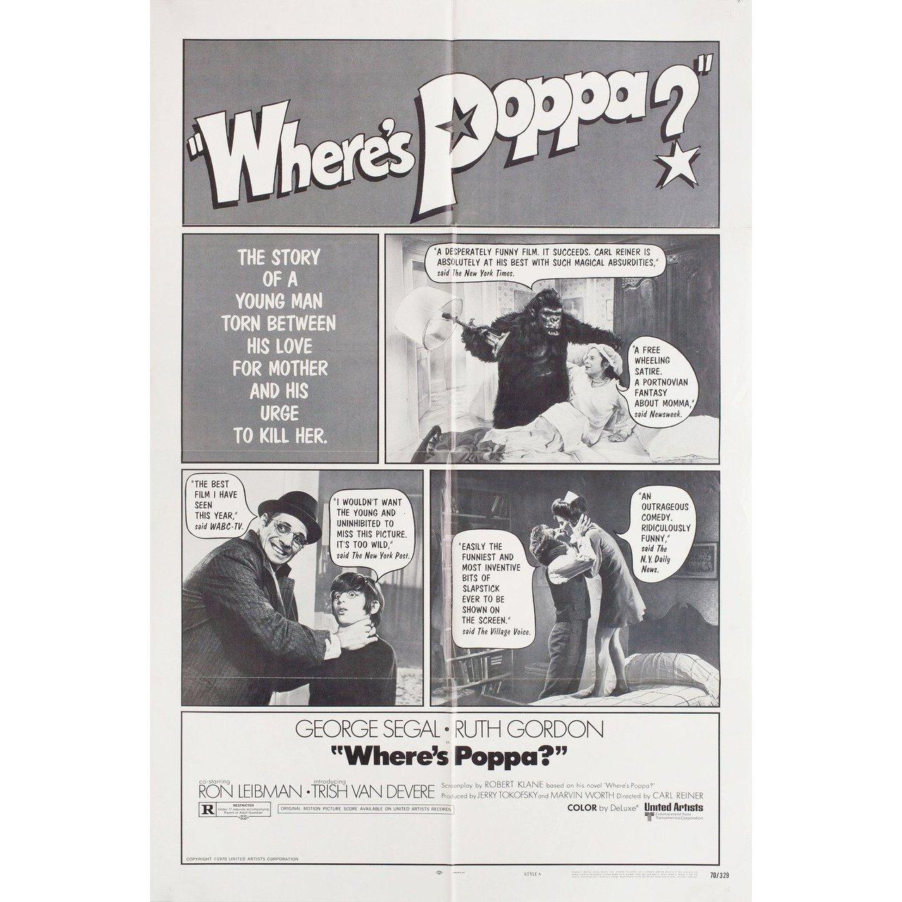 Original 1970 U.S. one sheet poster for the film “Where's Poppa?” directed by Carl Reiner with George Segal / Ruth Gordon / Ron Leibman / Trish Van Devere. Fair-good condition, folded with repaired fold separation. Many original posters were issued