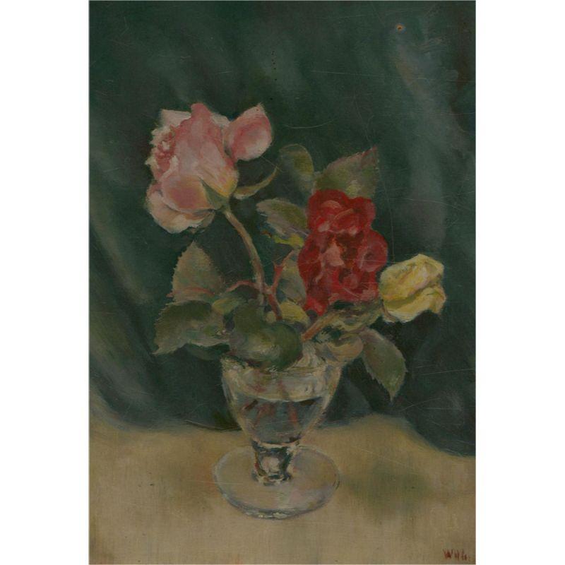 W.H.G - Framed Mid 20th Century Oil, Still Life, Two Roses For Sale 1