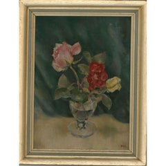 W.H.G - Olio della metà del XX secolo incorniciato, Natura morta, Due rose