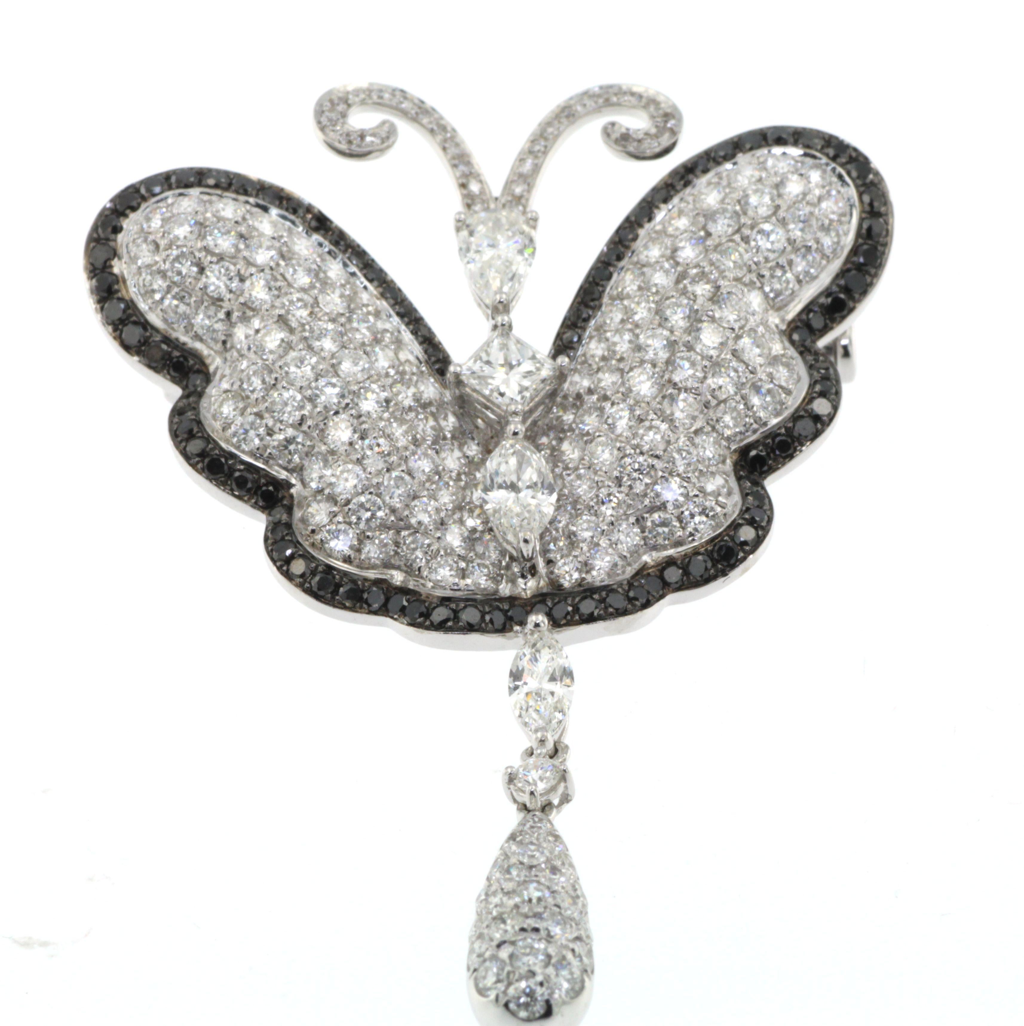 White Diamond Black Diamond Butterfly Brooch in 18 Karat White Gold For Sale