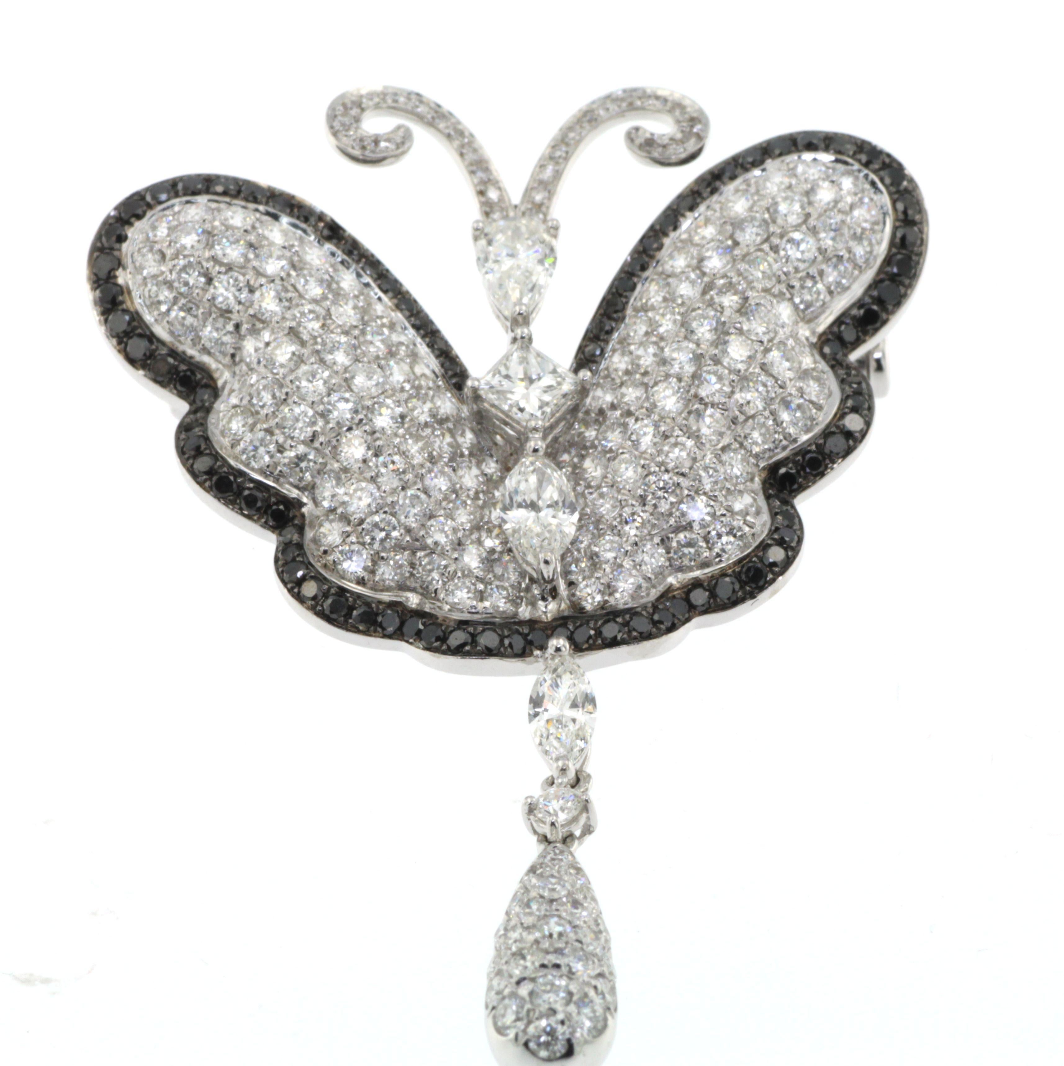 Broche Mariposa Diamante Blanco Diamante Negro en Oro Blanco de 18 Kilates