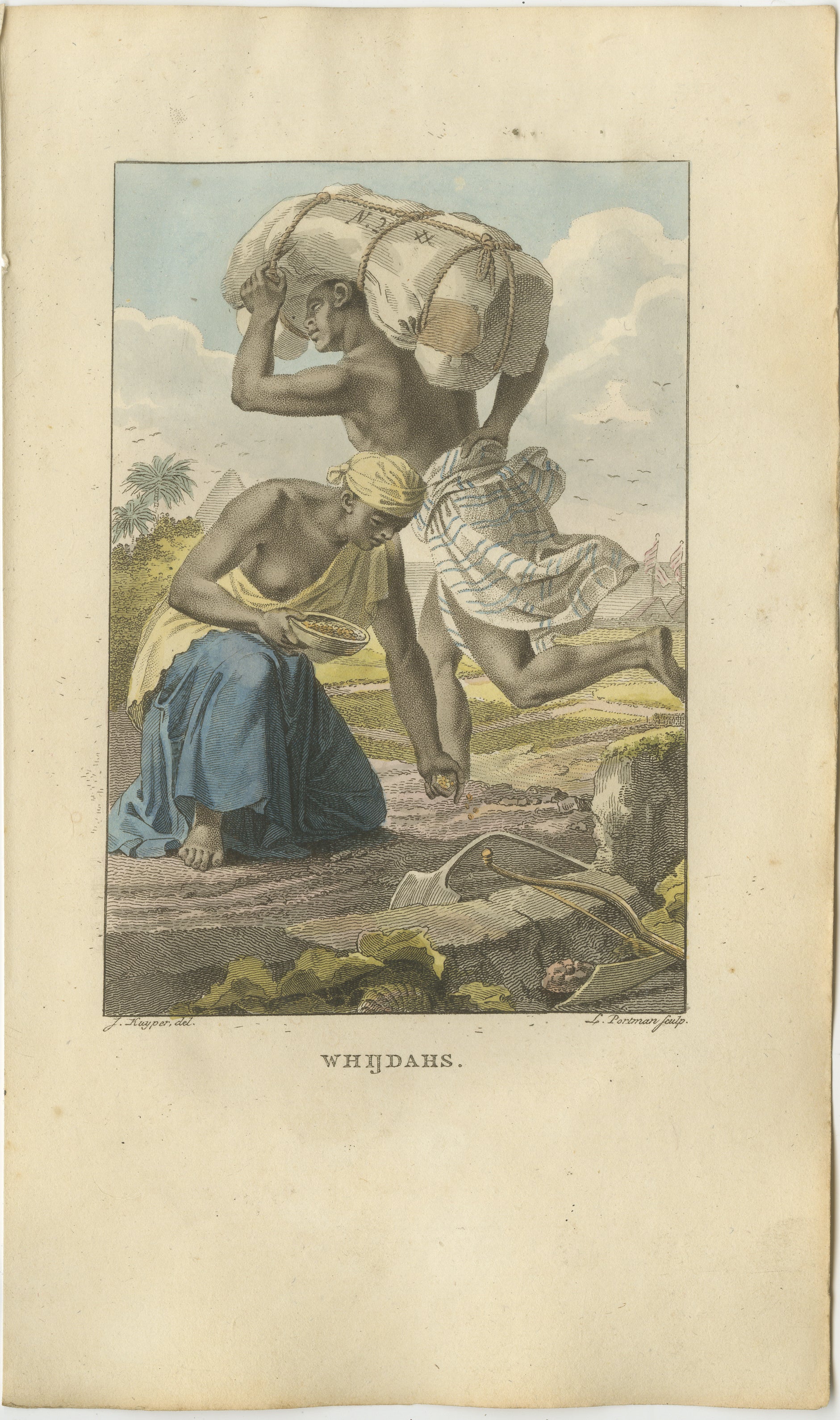 Whidahs - Antiker handkolorierter ethnografischer Kupferstich (um 1810)

Ein schöner handkolorierter Kupferstich aus dem frühen 19. Jahrhundert, der zwei Figuren aus Whydah (Ouidah), einem historischen Küstenkönigreich im heutigen Benin, Westafrika,