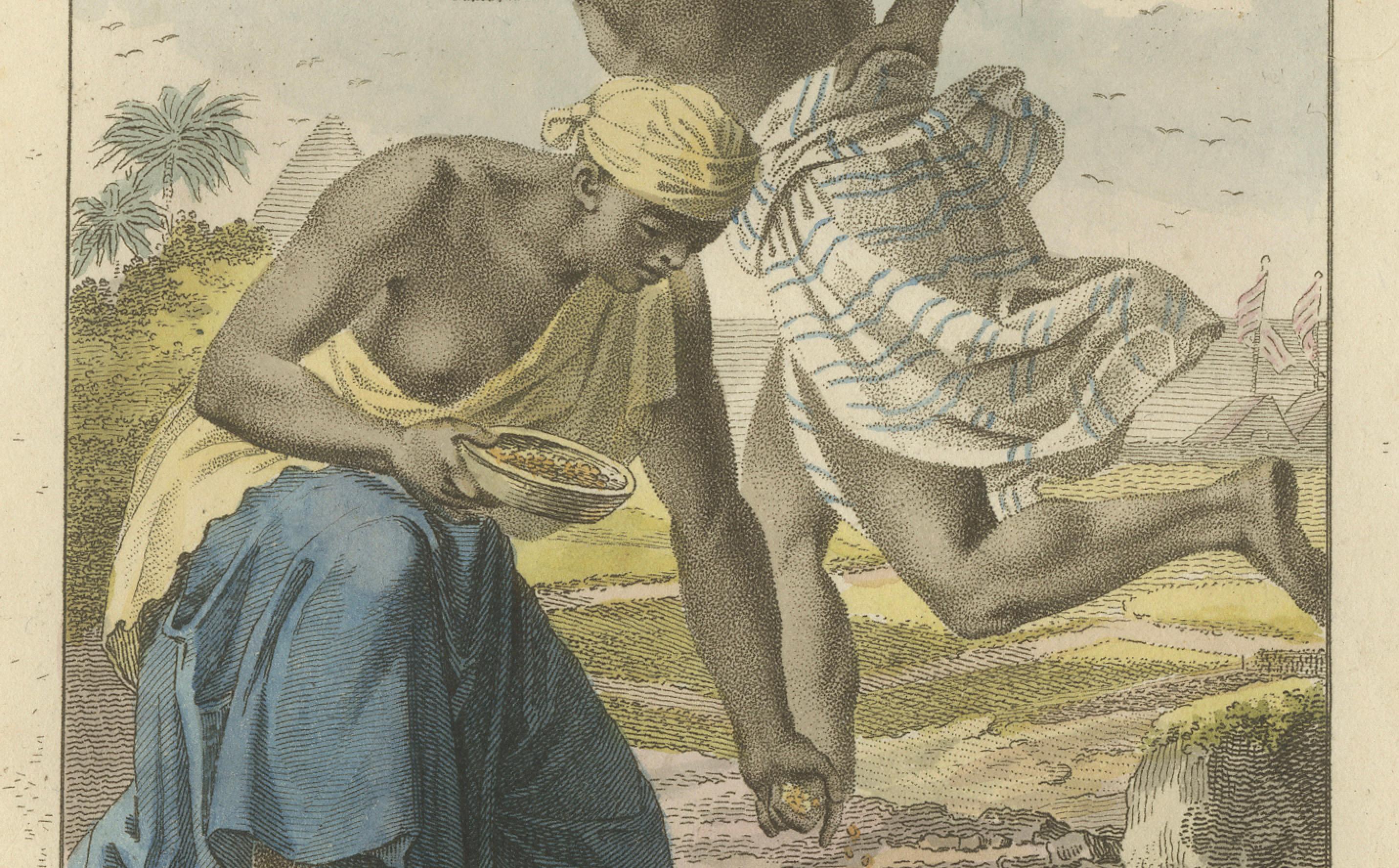 Whidahs (Quidah) - Antiker handkolorierter ethnografischer Kupferstich (um 1810) (Graviert) im Angebot