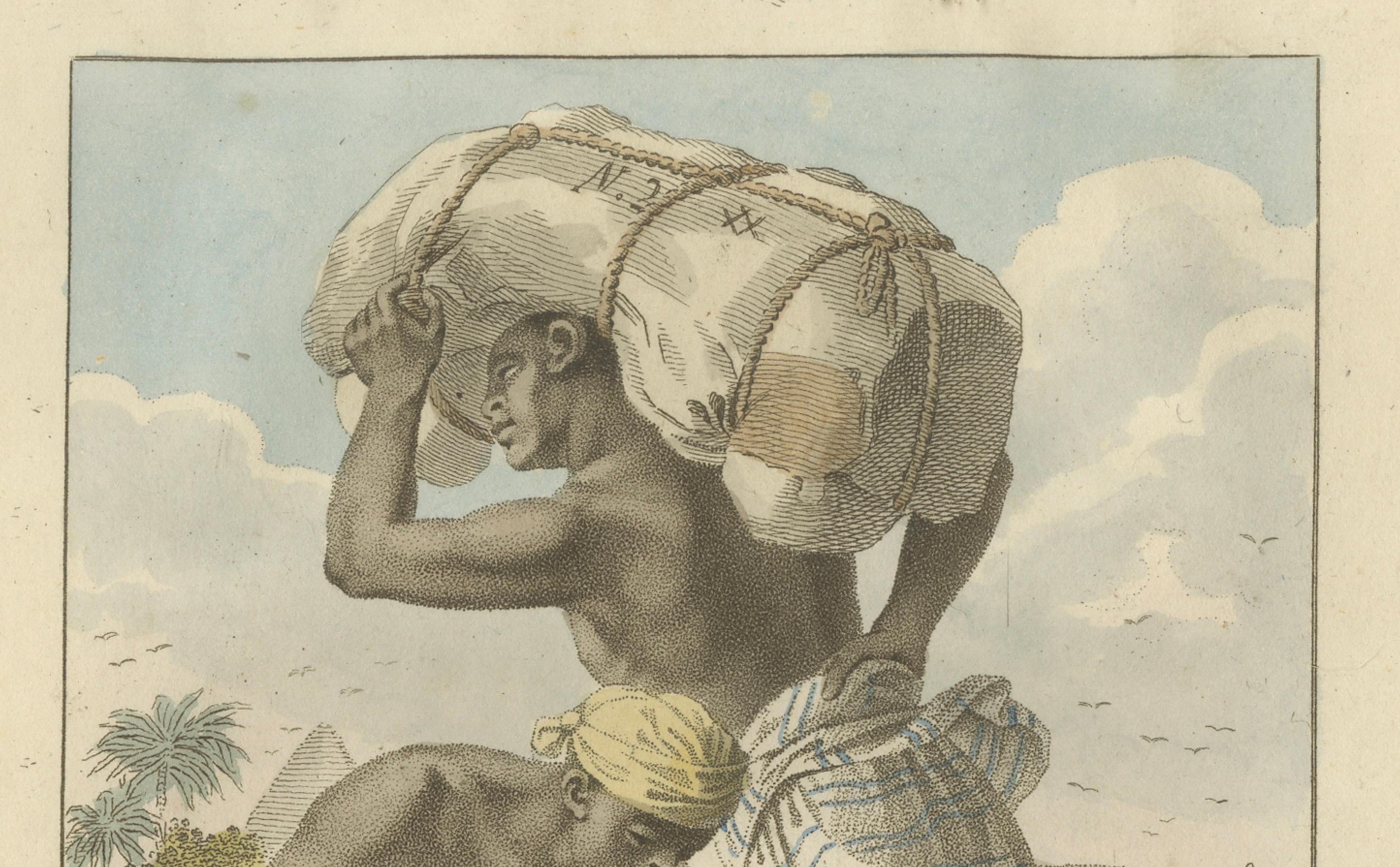 Whidahs (Quidah) - Antiker handkolorierter ethnografischer Kupferstich (um 1810) im Zustand „Gut“ im Angebot in Langweer, NL