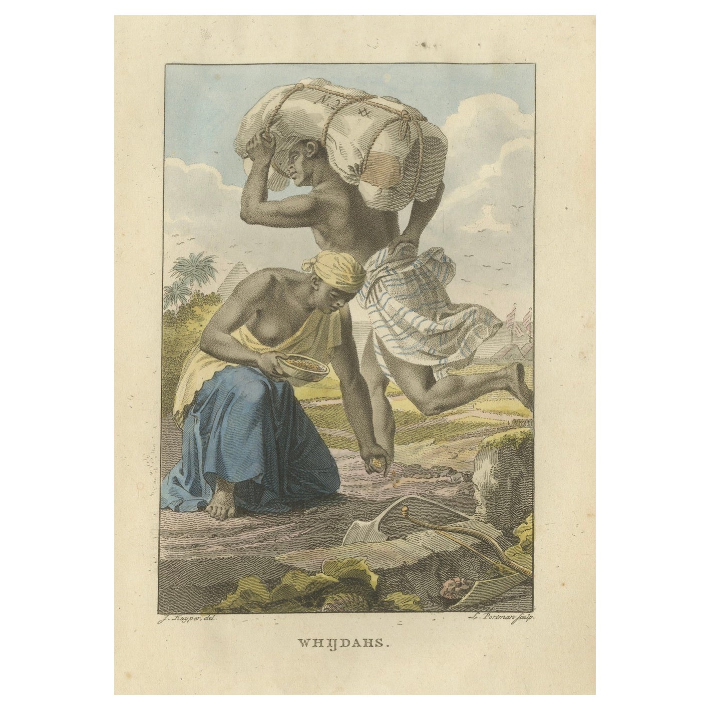 Whidahs (Quidah) - Gravure ethnographique ancienne coloriée à la main (c.I.C.)