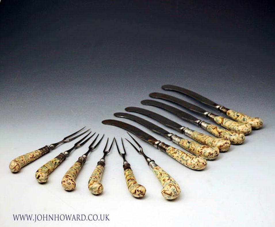 English Whieldon Type Pottery Knives and Forks in Agateware 18th Century England  For Sale