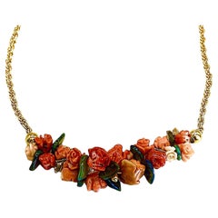 Whimsical 14K Yellow Gold Italian, Carved Coral, Floral Motif Necklace
