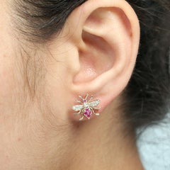 Whimsical 14KT Gold Bee Stud Earrings with Rubies and Diamonds