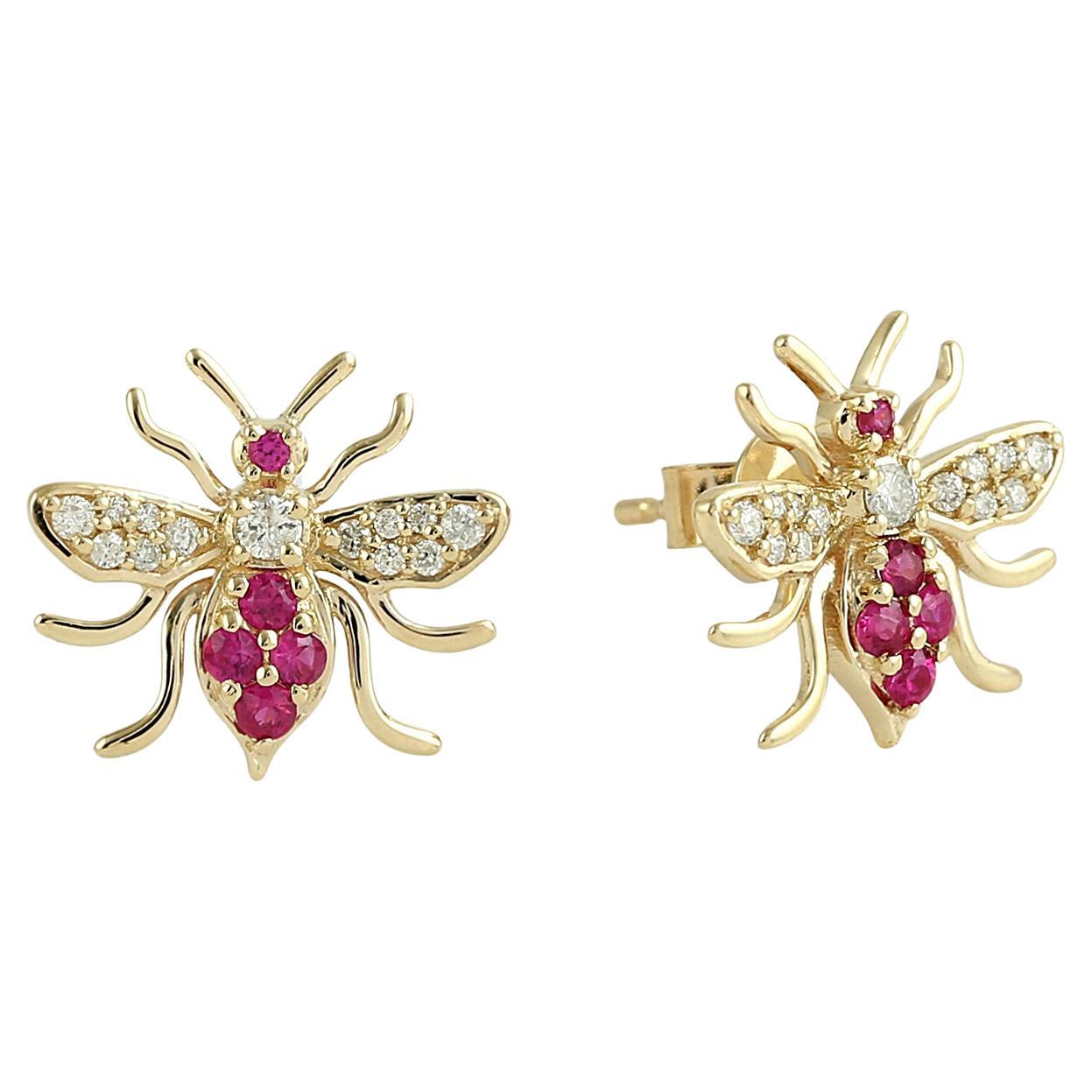 Whimsical 14KT Gold Bee Stud Earrings with Rubies and Diamonds