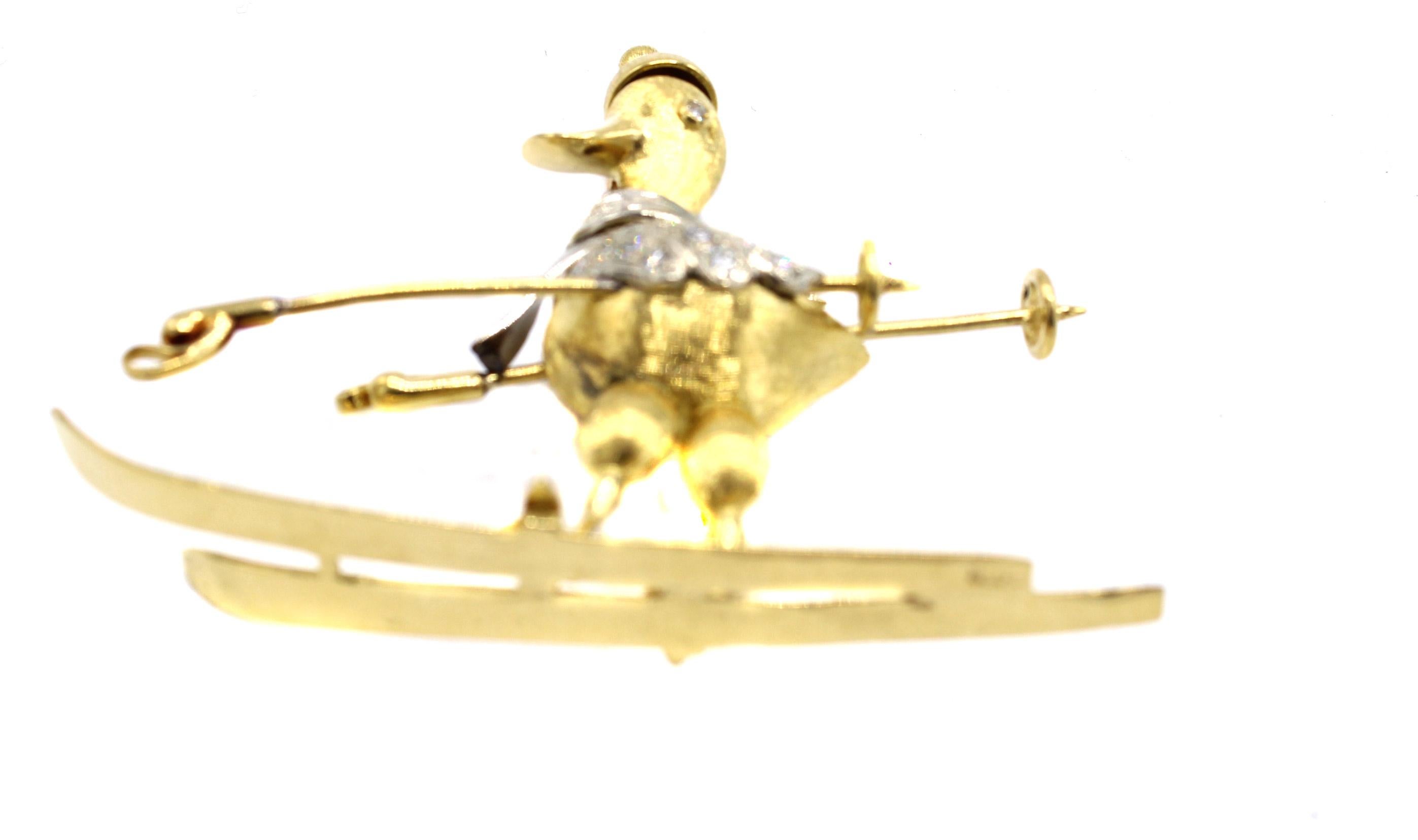 Round Cut Whimsical 18 Karat Diamond Duck on Skis Brooch
