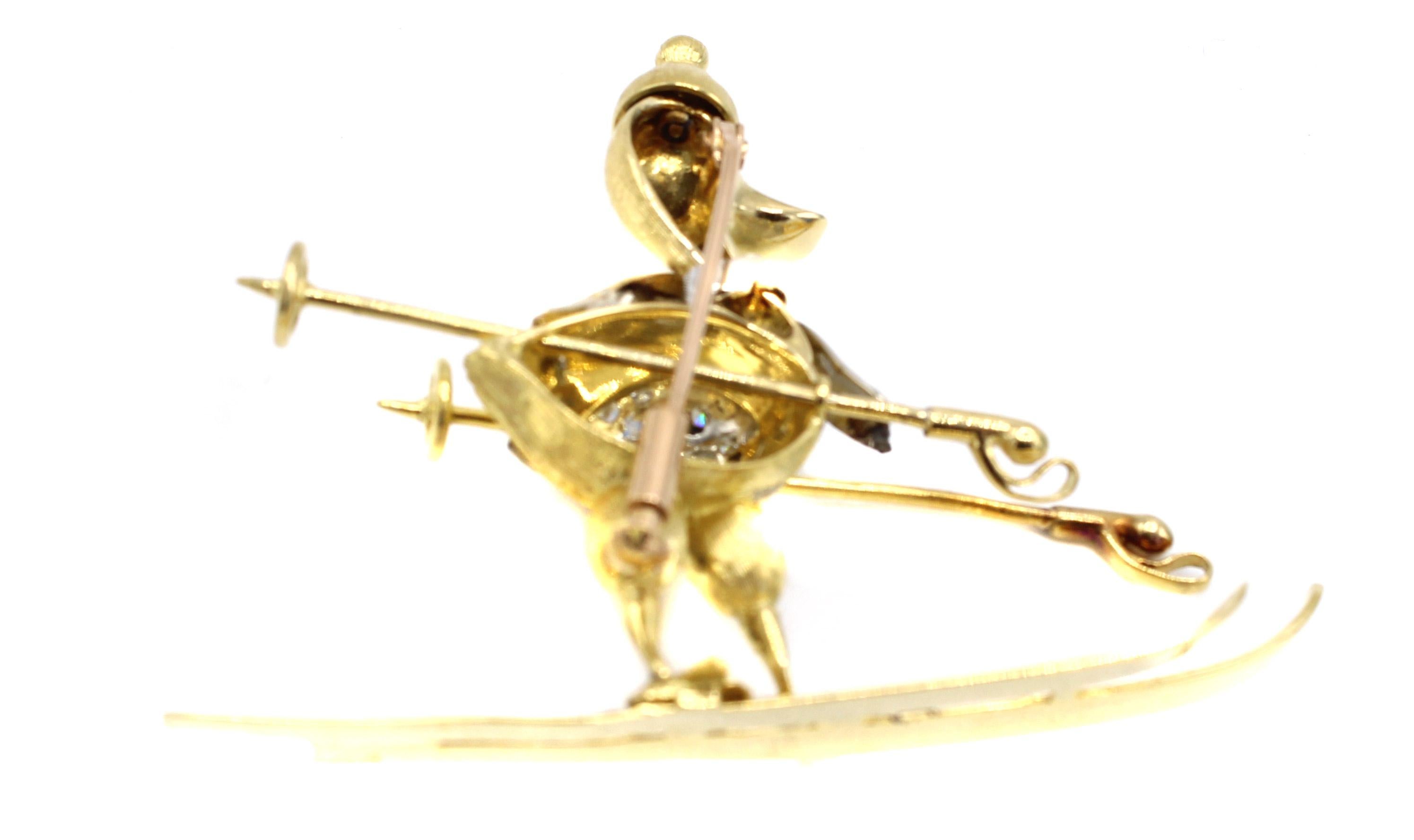 Whimsical 18 Karat Diamond Duck on Skis Brooch In Good Condition In New York, NY