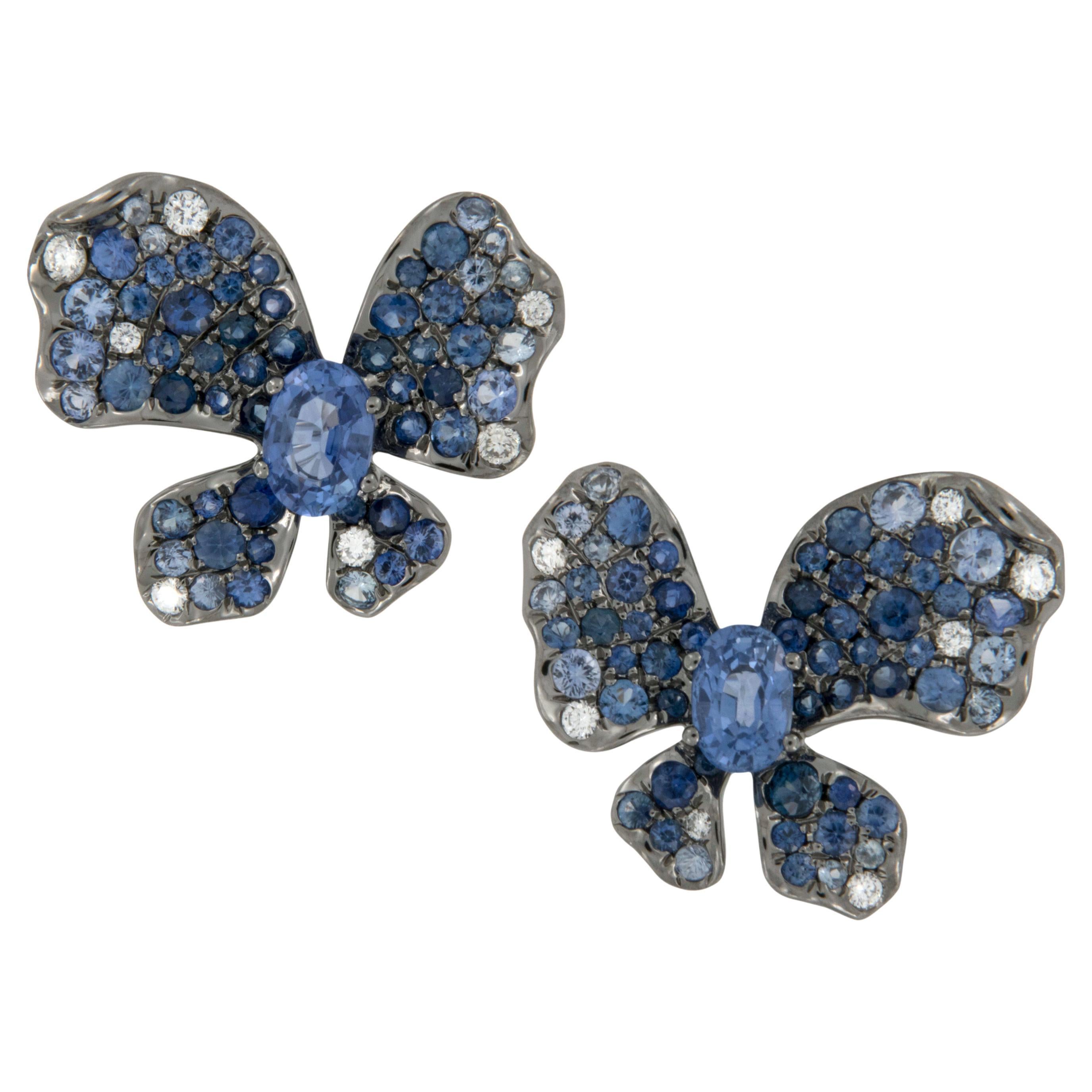 Whimsical 18 Karat White Gold Blue Sapphire White Diamond Butterfly Earrings