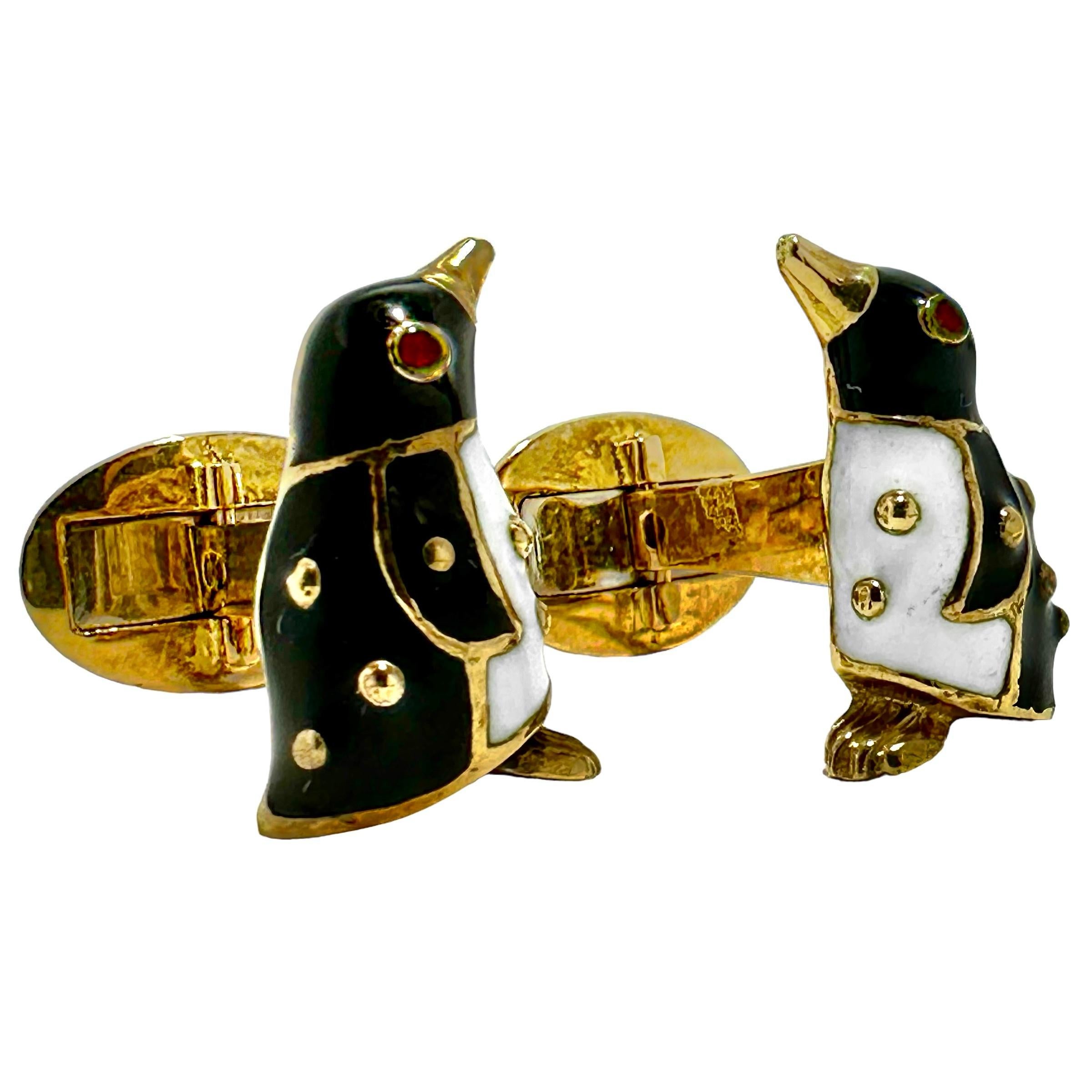 Men's Whimsical 18K Gold & Enamel Four Button Penguin Dress Set by Designer Hidalgo  For Sale