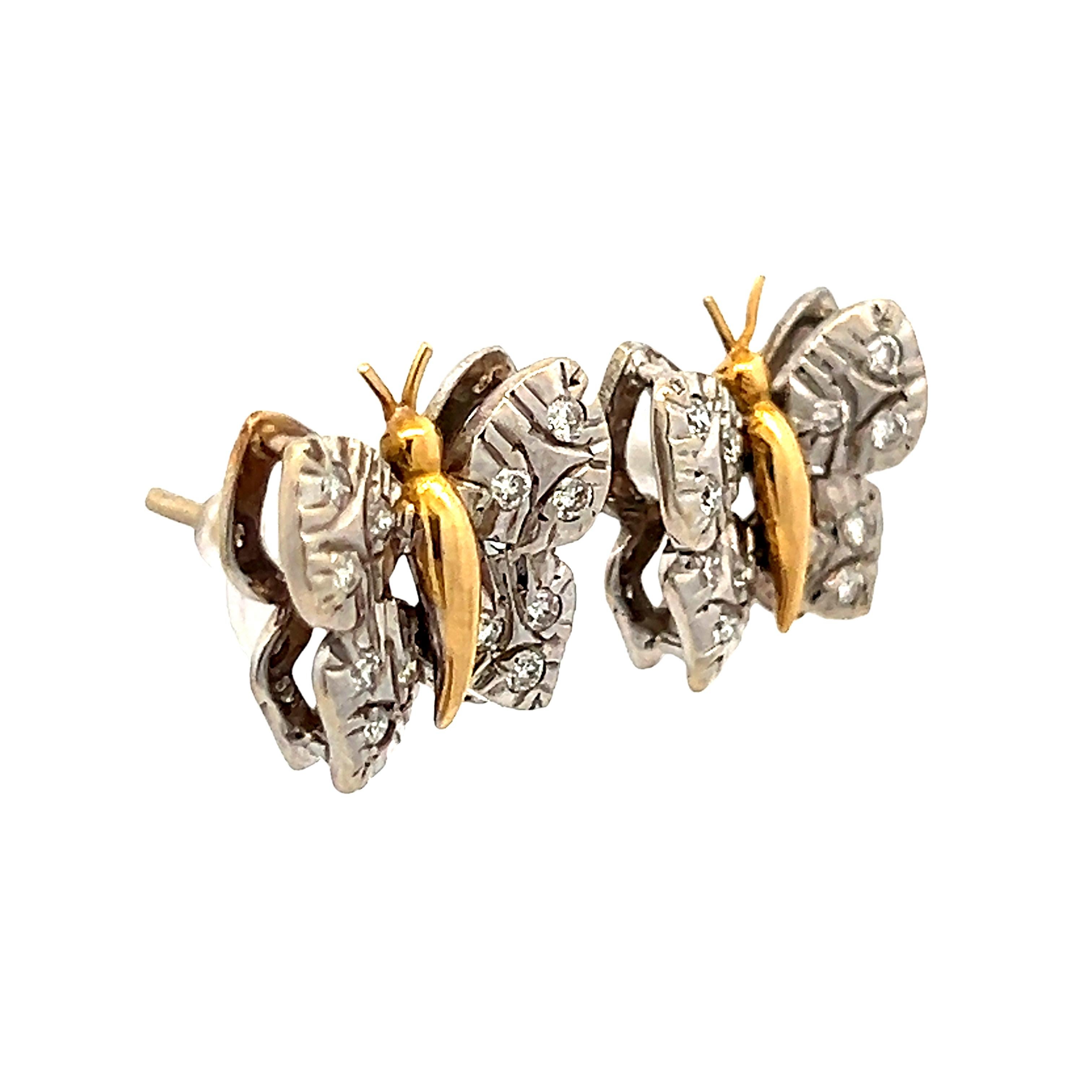 Skurrile 18K zweifarbige Gold Schmetterling Ohrringe mit 1,2 Karat Diamanten (Zeitgenössisch) im Angebot