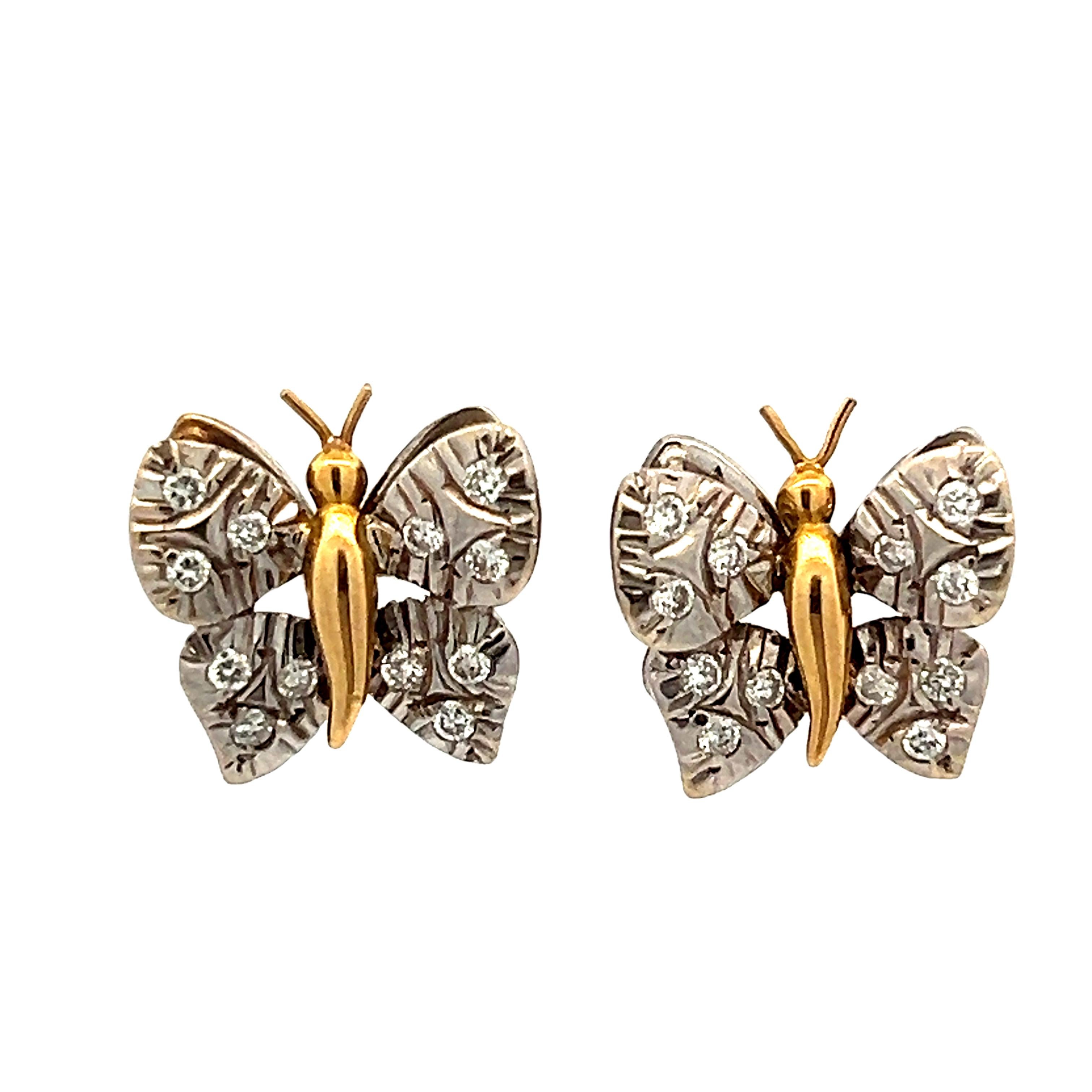 Skurrile 18K zweifarbige Gold Schmetterling Ohrringe mit 1,2 Karat Diamanten (Rundschliff) im Angebot
