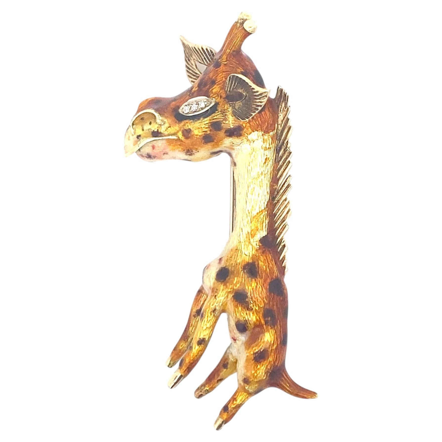 Whimsical 18K Yellow Gold Diamond & Enamel Giraffe Brooch