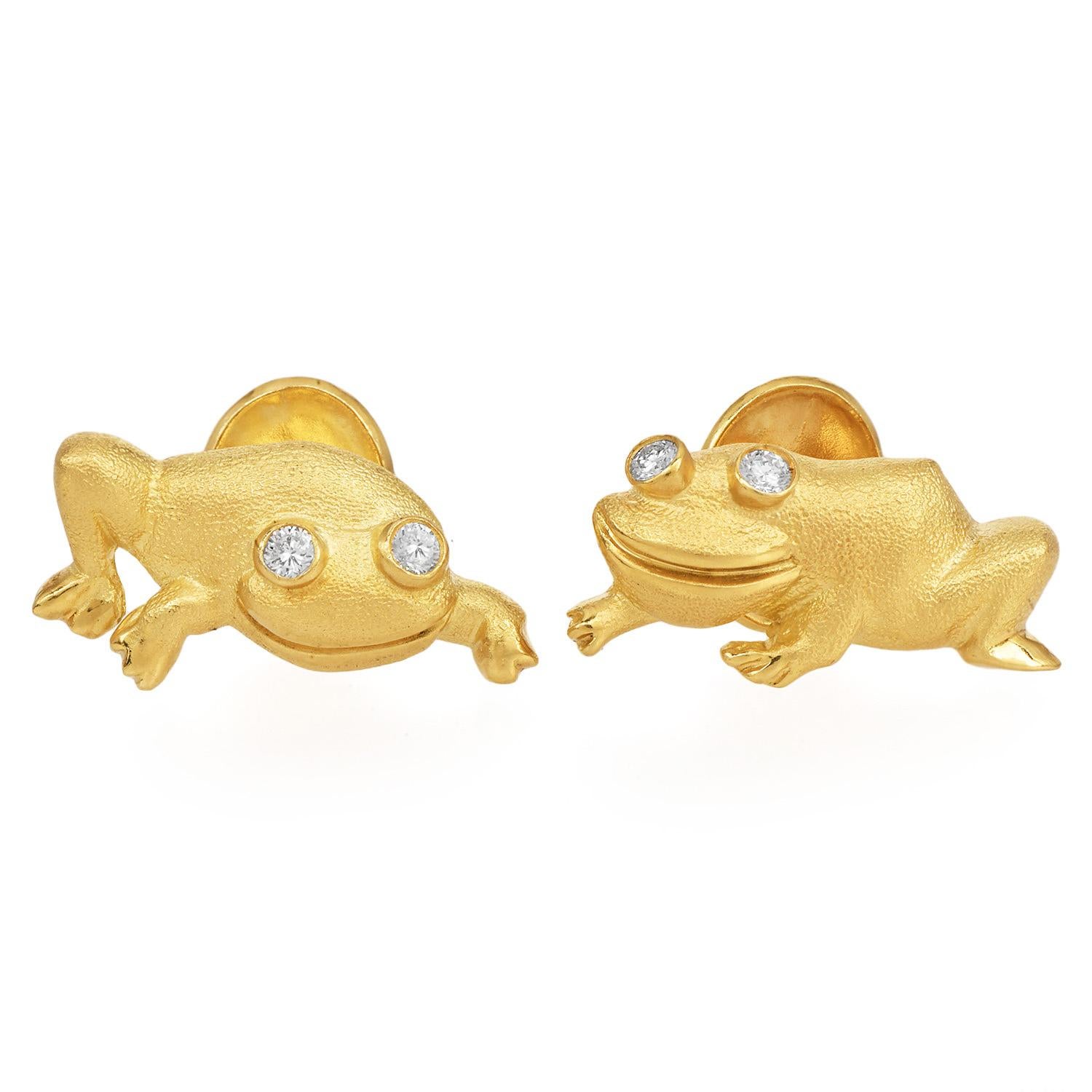These delightful 18K yellow gold frog cufflinks bring a touch of playful charm to formalwear, blending fine craftsmanship with whimsical design. Expertly textured to capture lifelike detail, each frog is adorned with brilliant-cut diamond eyes,