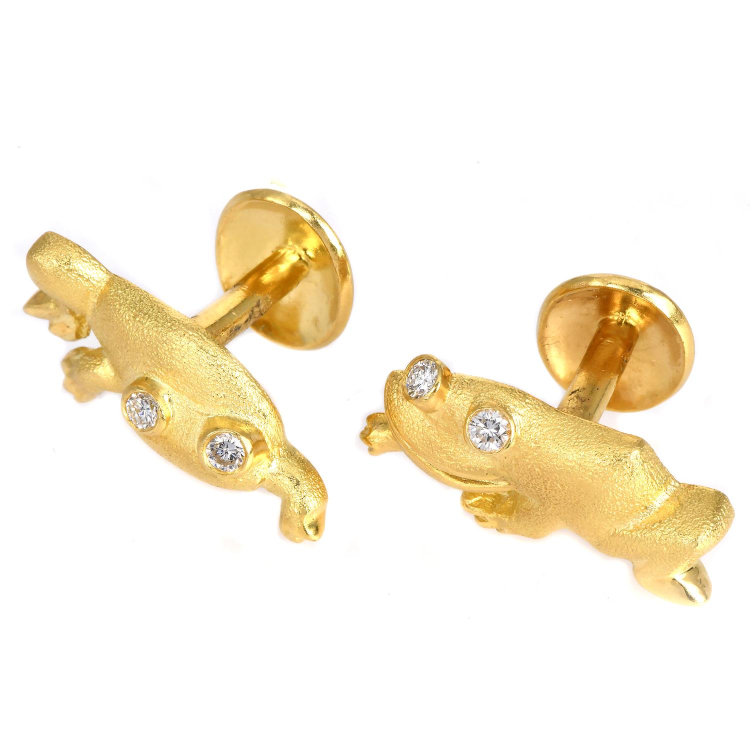 Round Cut Whimsical 18K Yellow Gold Frog Cufflinks with Diamond Eyes For Sale
