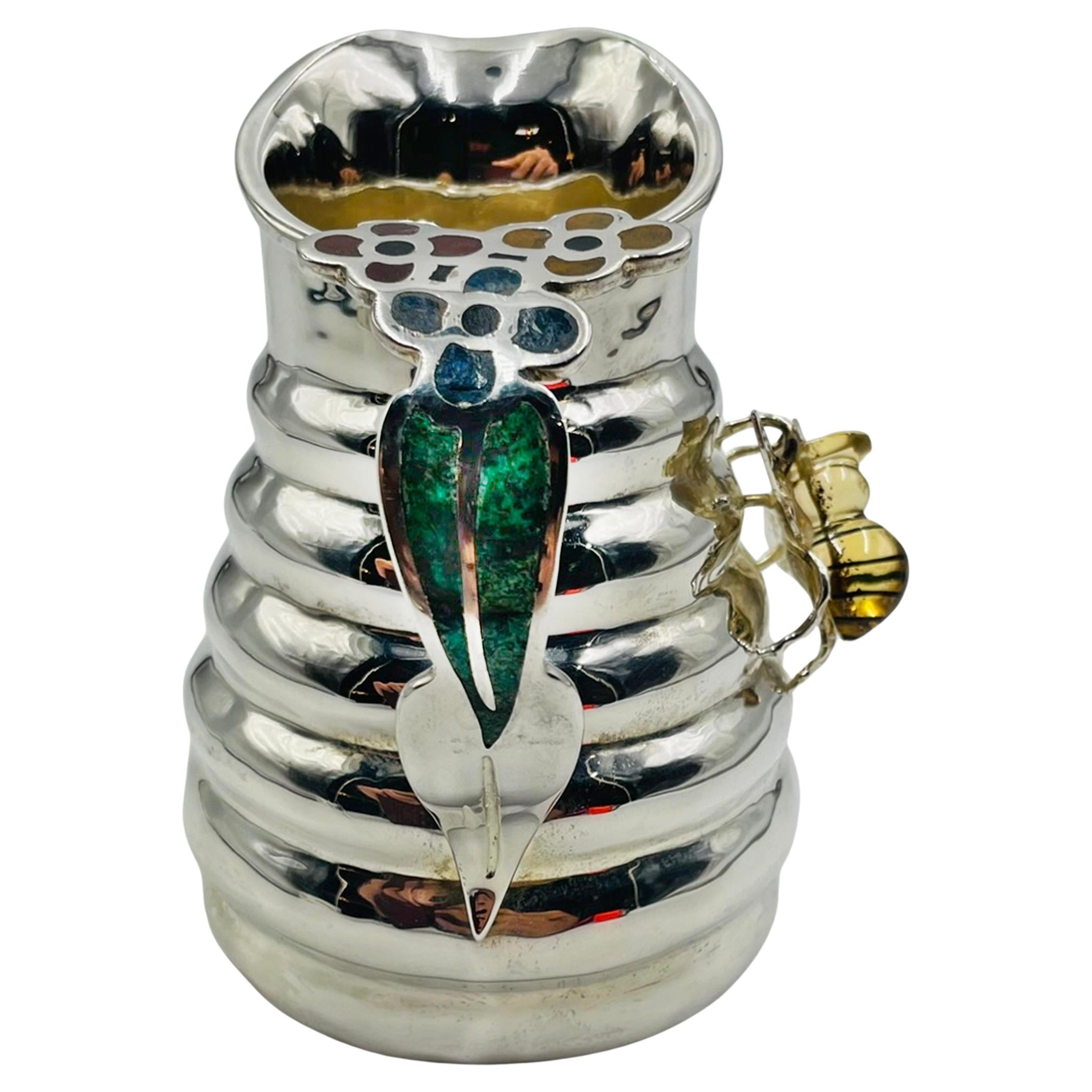 Whimsical 1960s Los Castillo Bee Pitcher with Malachite 
Silver Inlay