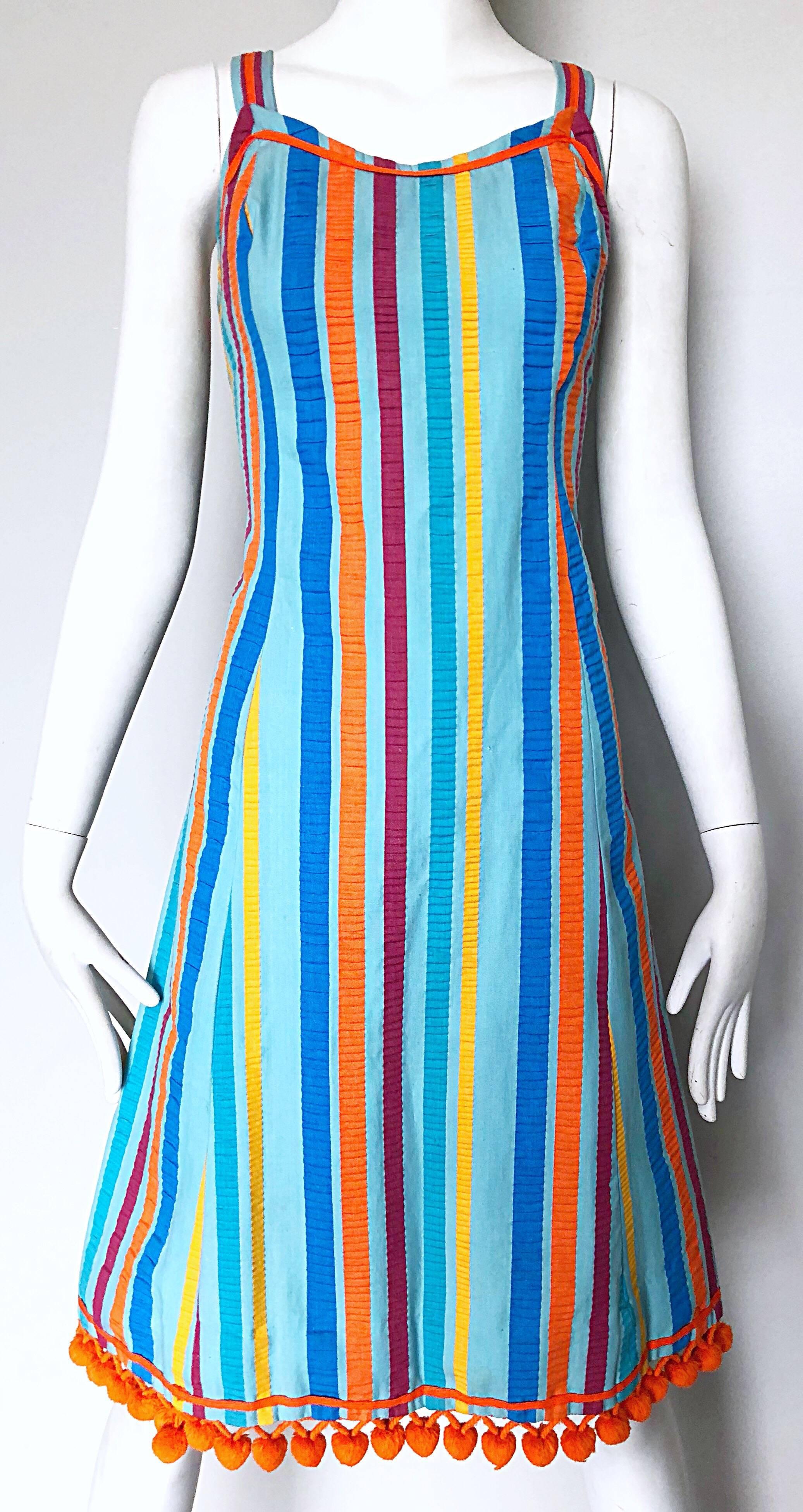Gray Whimsical 1960s Toby Tanner Colorful Striped ' Pom Pom ' Cotton 60s A Line Dress