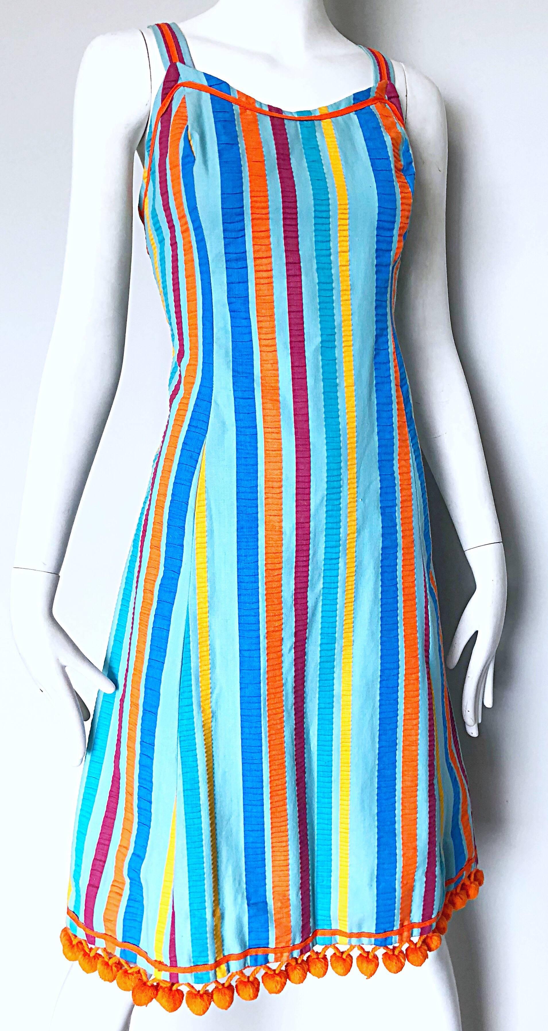 Whimsical 1960s Toby Tanner Colorful Striped ' Pom Pom ' Cotton 60s A Line Dress In Excellent Condition In San Diego, CA