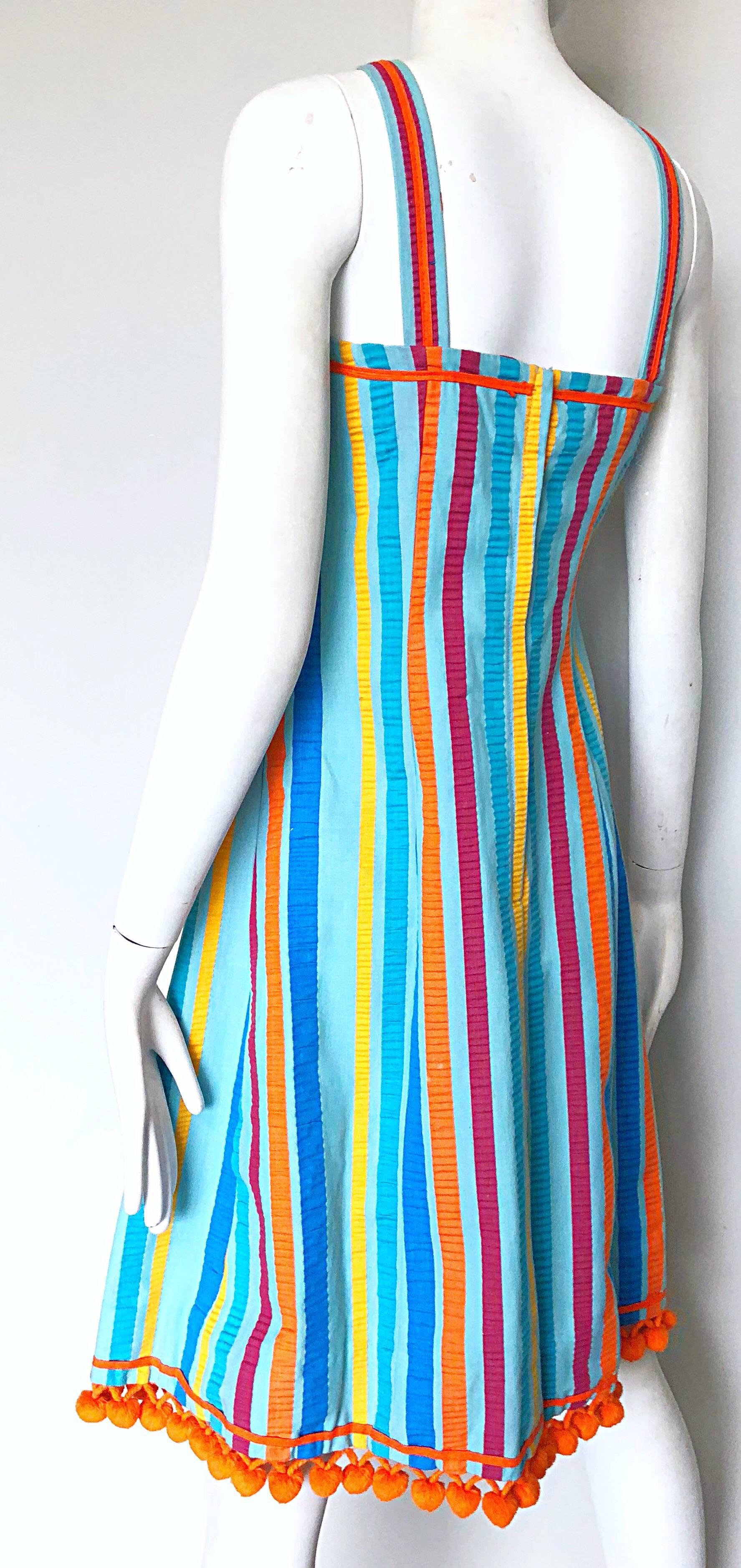 Women's Whimsical 1960s Toby Tanner Colorful Striped ' Pom Pom ' Cotton 60s A Line Dress