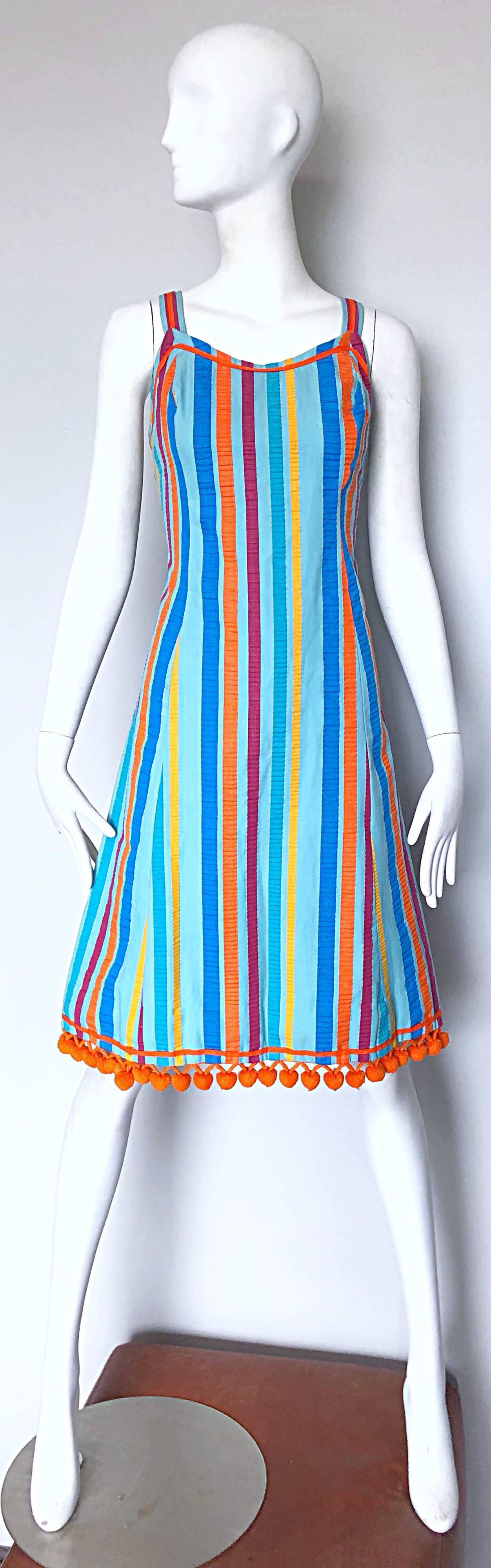 Whimsical 1960s Toby Tanner Colorful Striped ' Pom Pom ' Cotton 60s A Line Dress 1