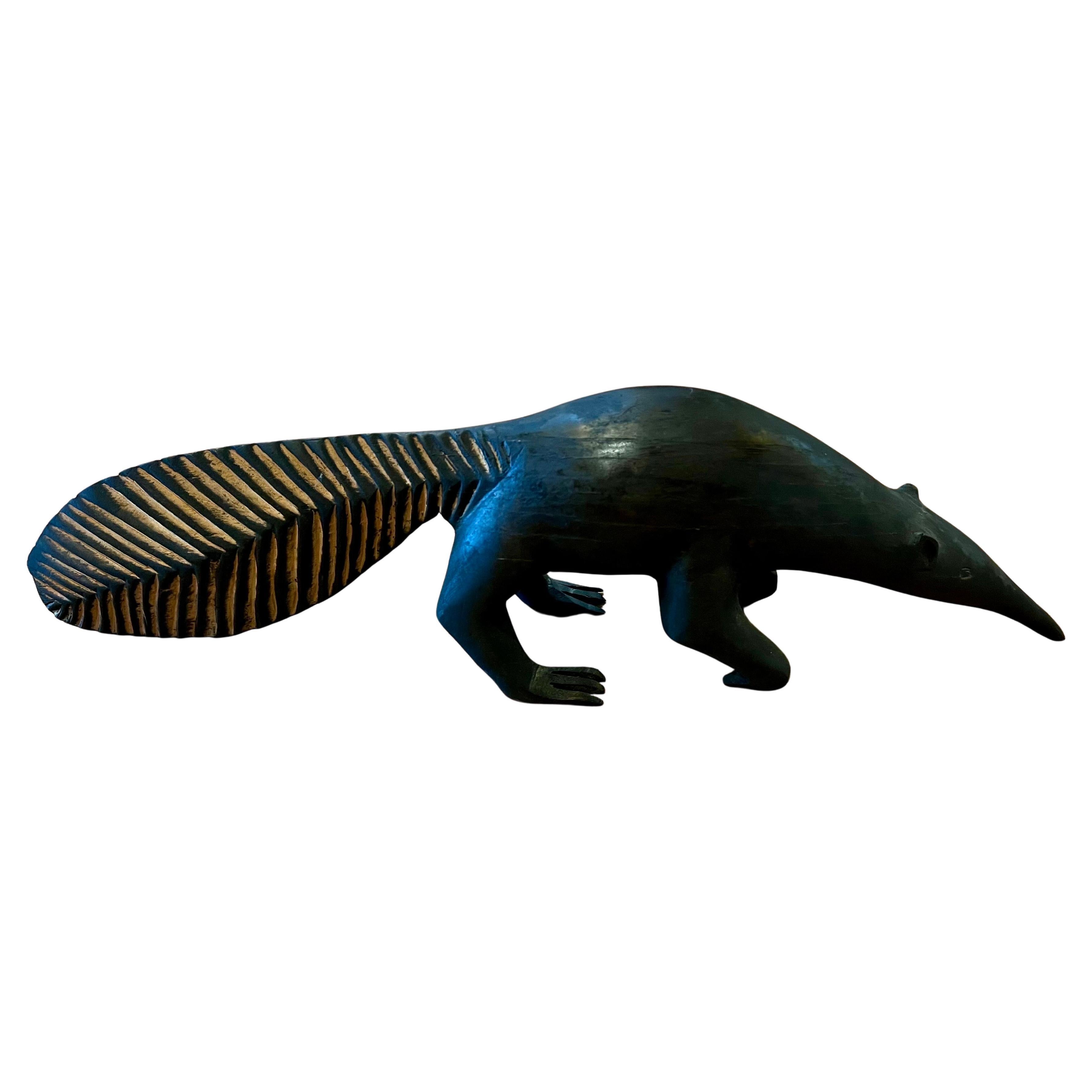 Whimsical 1970's Ebonaized Wood Hand Carved Anteater Sculpture For Sale