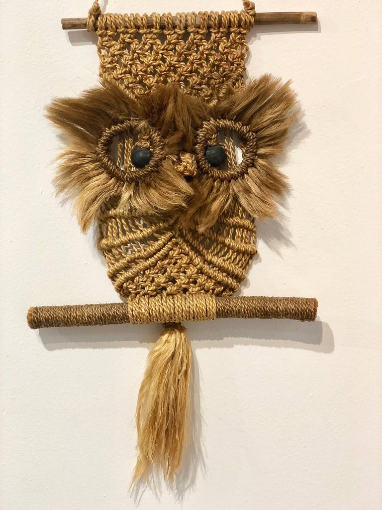 Whimsical 1970s Macrame Hippie Style Wall Hanging Owl at 1stdibs