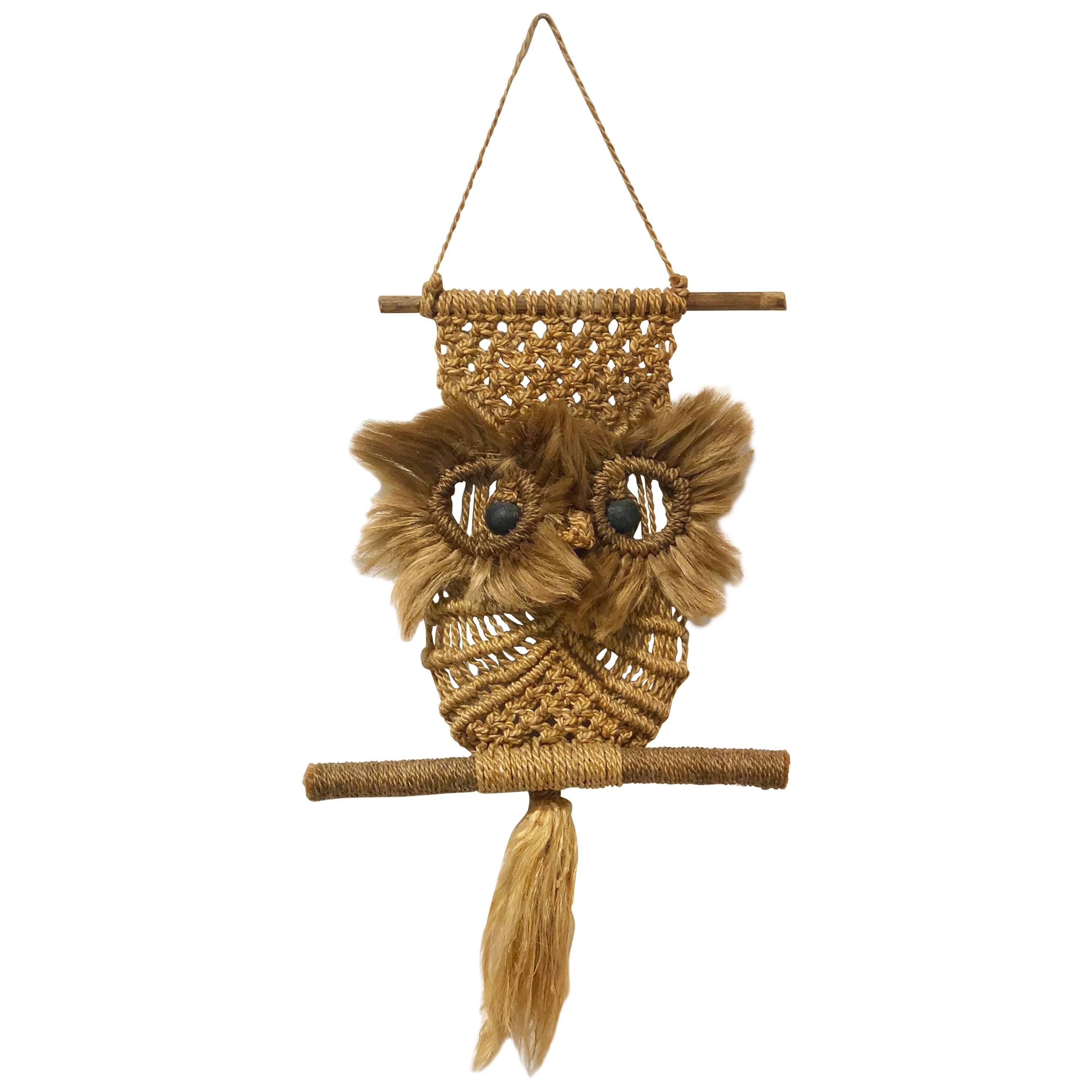 Whimsical 1970s Macrame Hippie Style Wall Hanging Owl