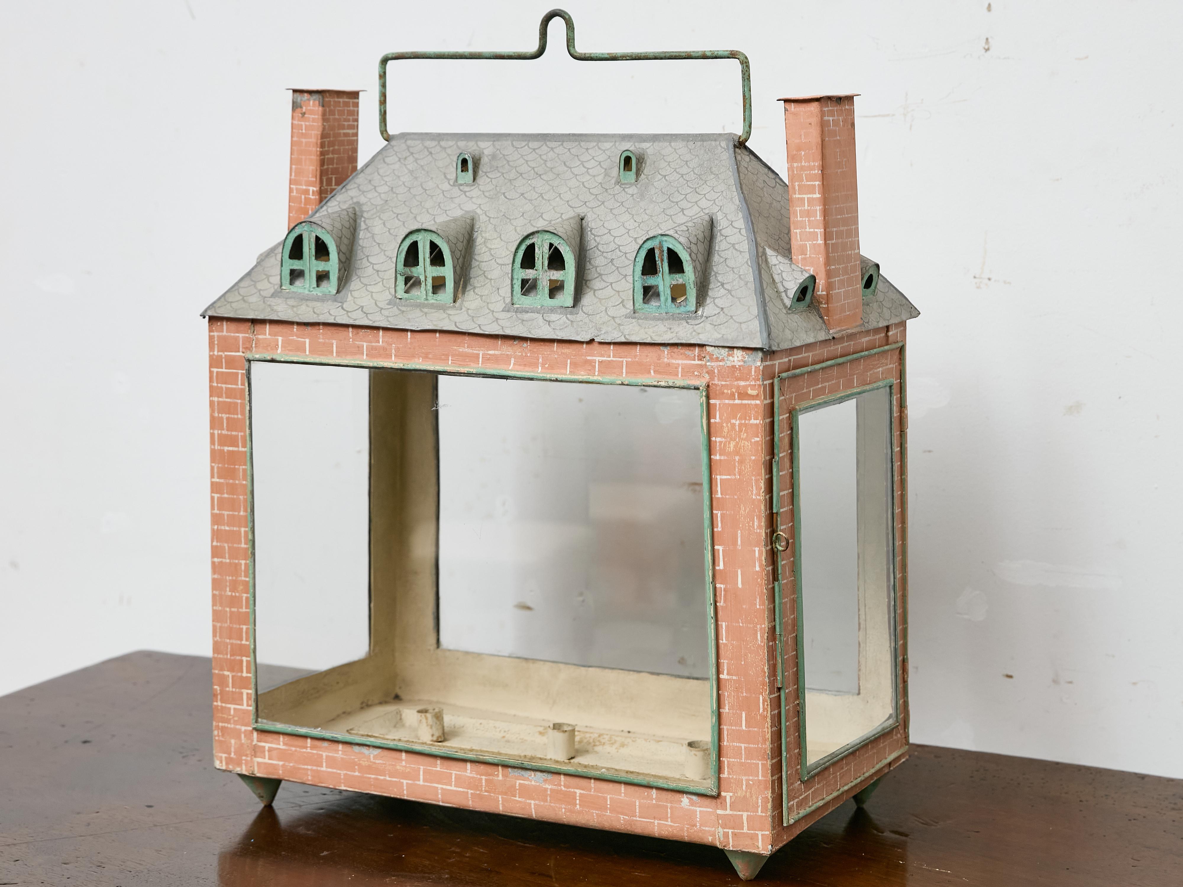 Victorian Whimsical 19th Century English Tôle House Lantern with Painted Brick Motif For Sale