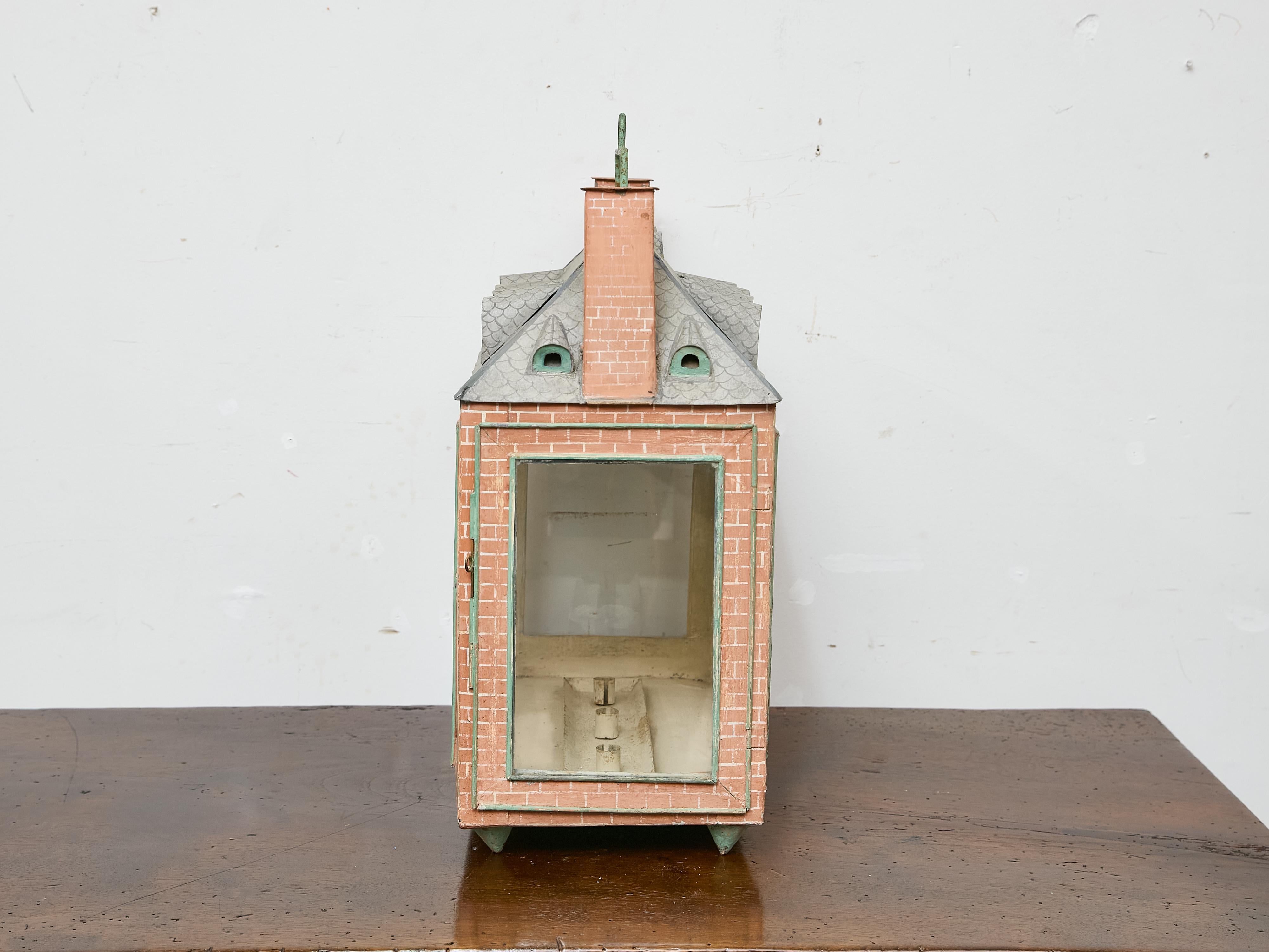 Whimsical 19th Century English Tôle House Lantern with Painted Brick Motif In Good Condition For Sale In Atlanta, GA