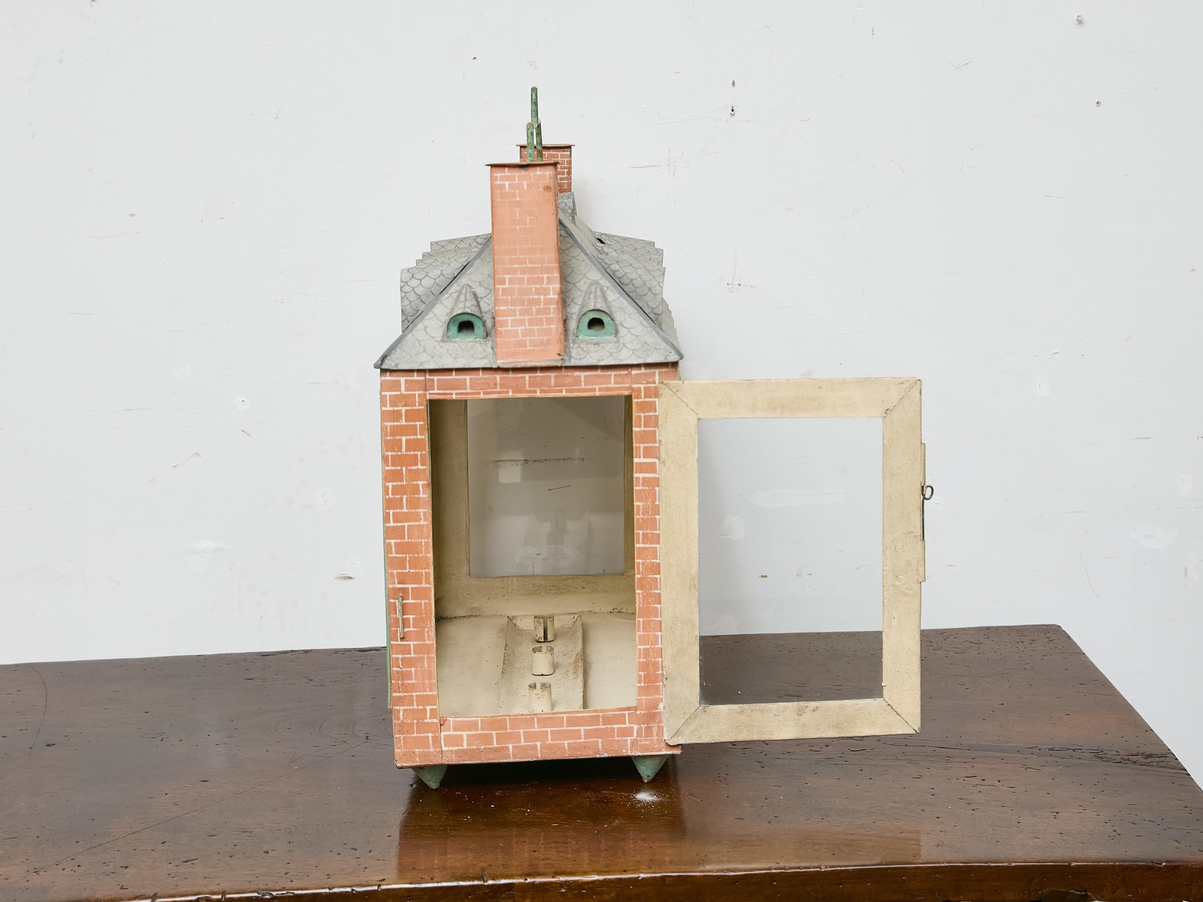 Glass Whimsical 19th Century English Tôle House Lantern with Painted Brick Motif For Sale